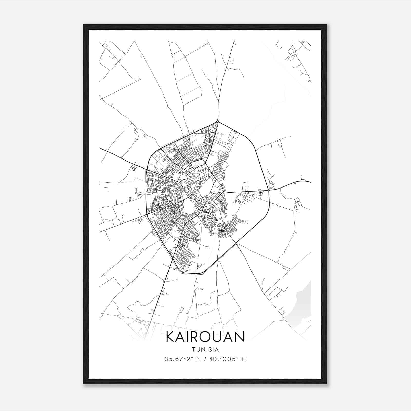 Kairouan Tunisia Map Poster, Kairouan City Road Wall Art Print