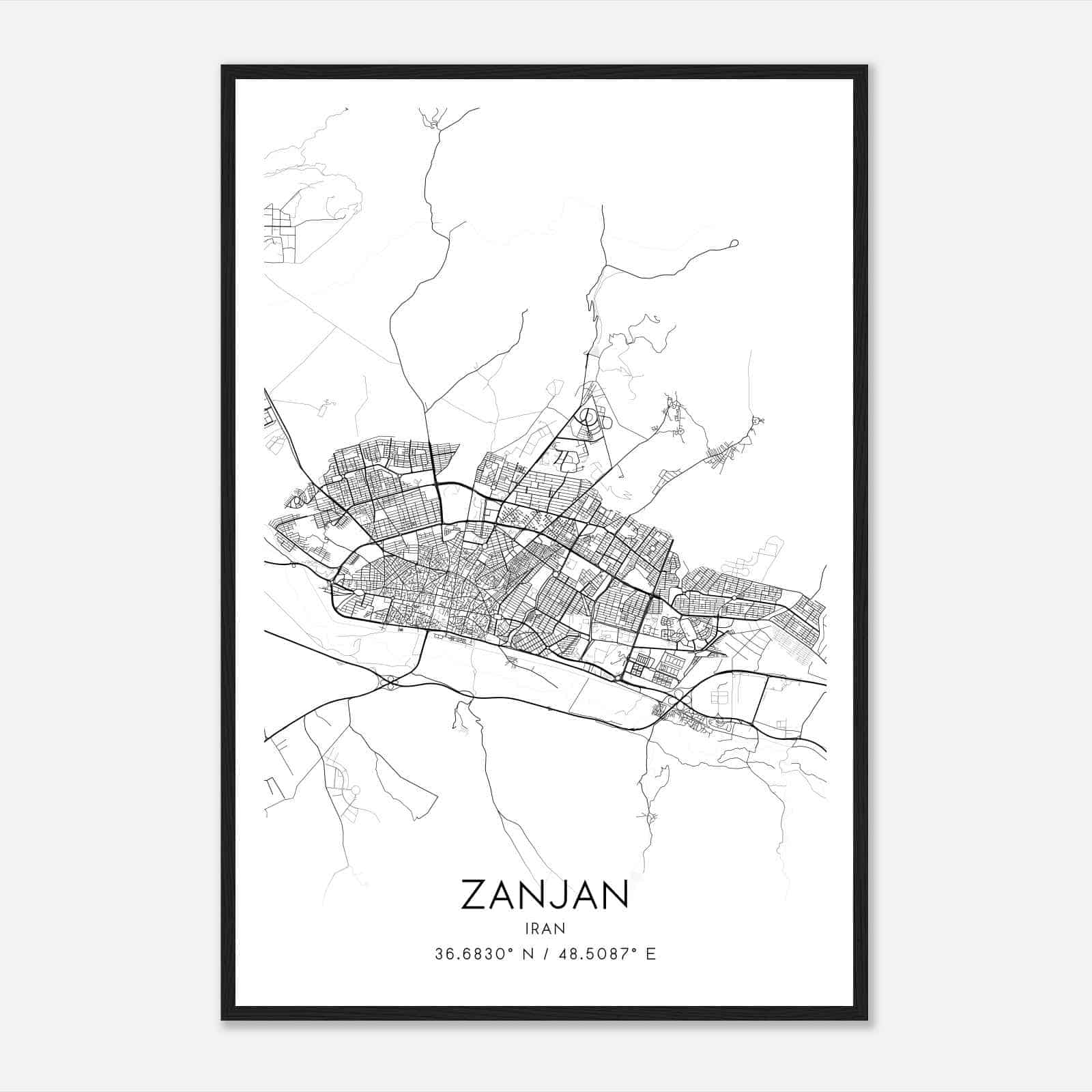 Zanjan Iran Map Poster, Zanjan City Road Wall Art Print