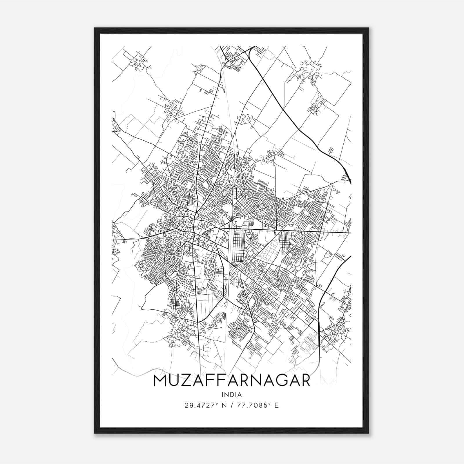 Muzaffarnagar India Map Poster, Muzaffarnagar City Road Wall Art Print