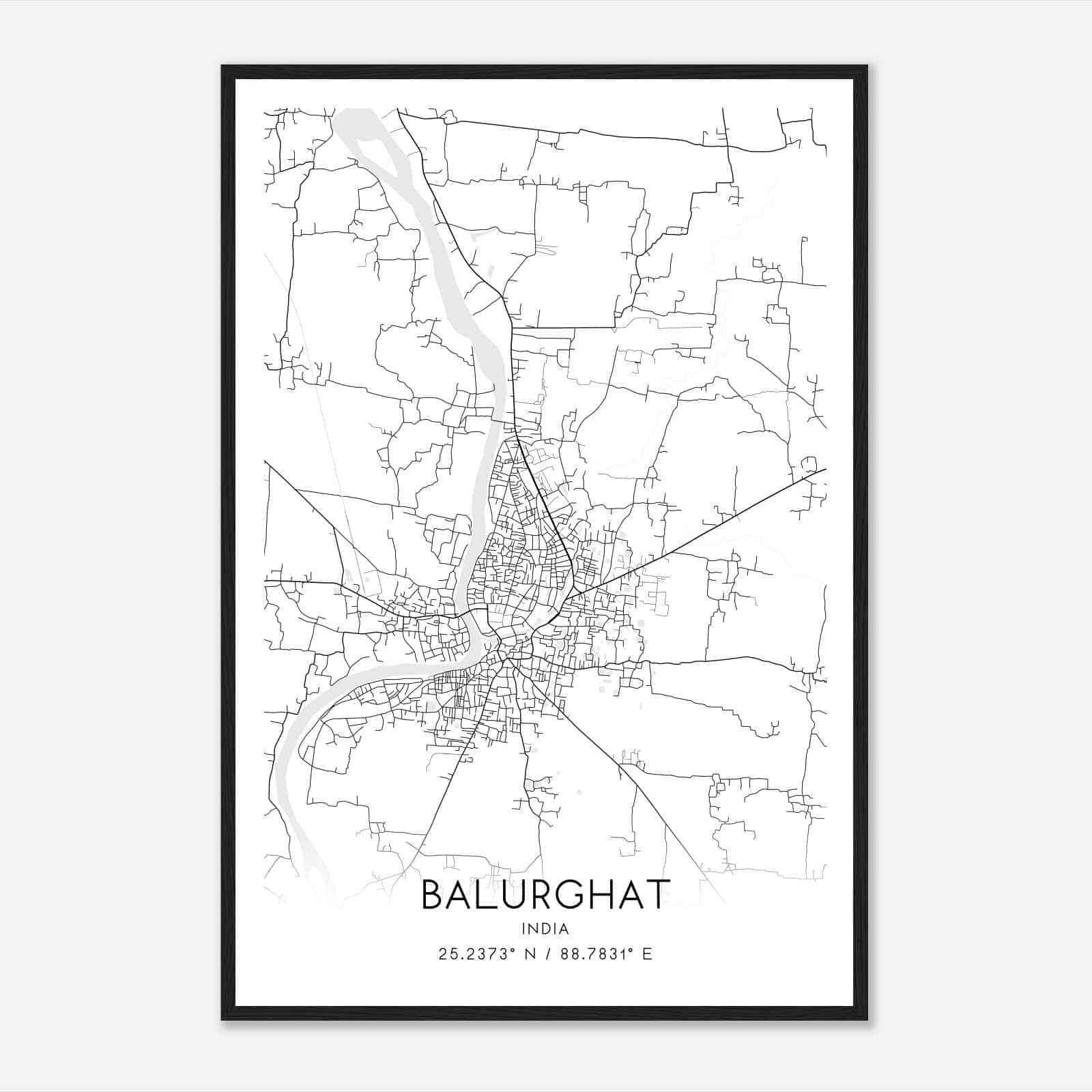 Balurghat India Map Poster, Balurghat City Road Wall Art Print