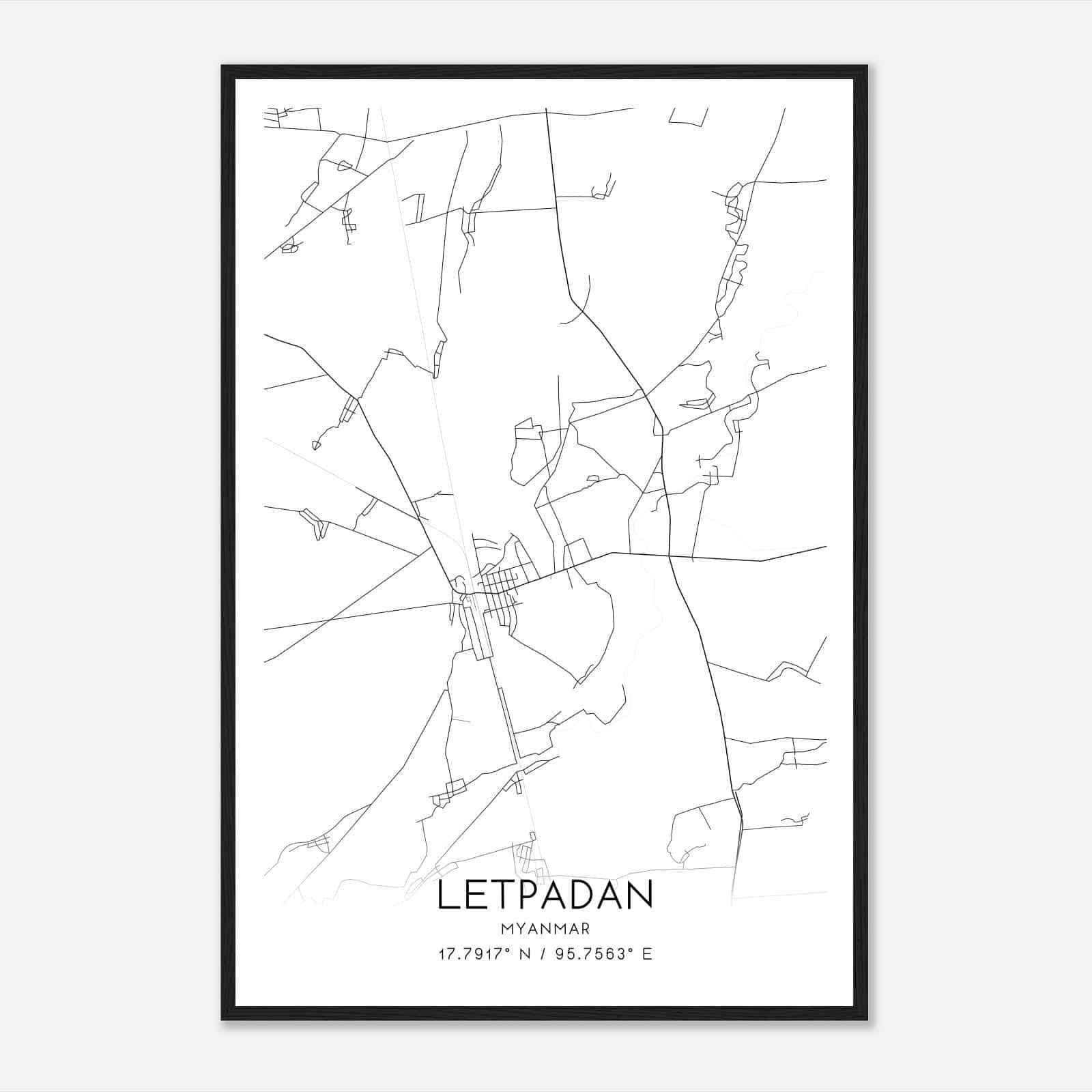 Letpadan Myanmar Map Poster, Letpadan City Road Wall Art Print