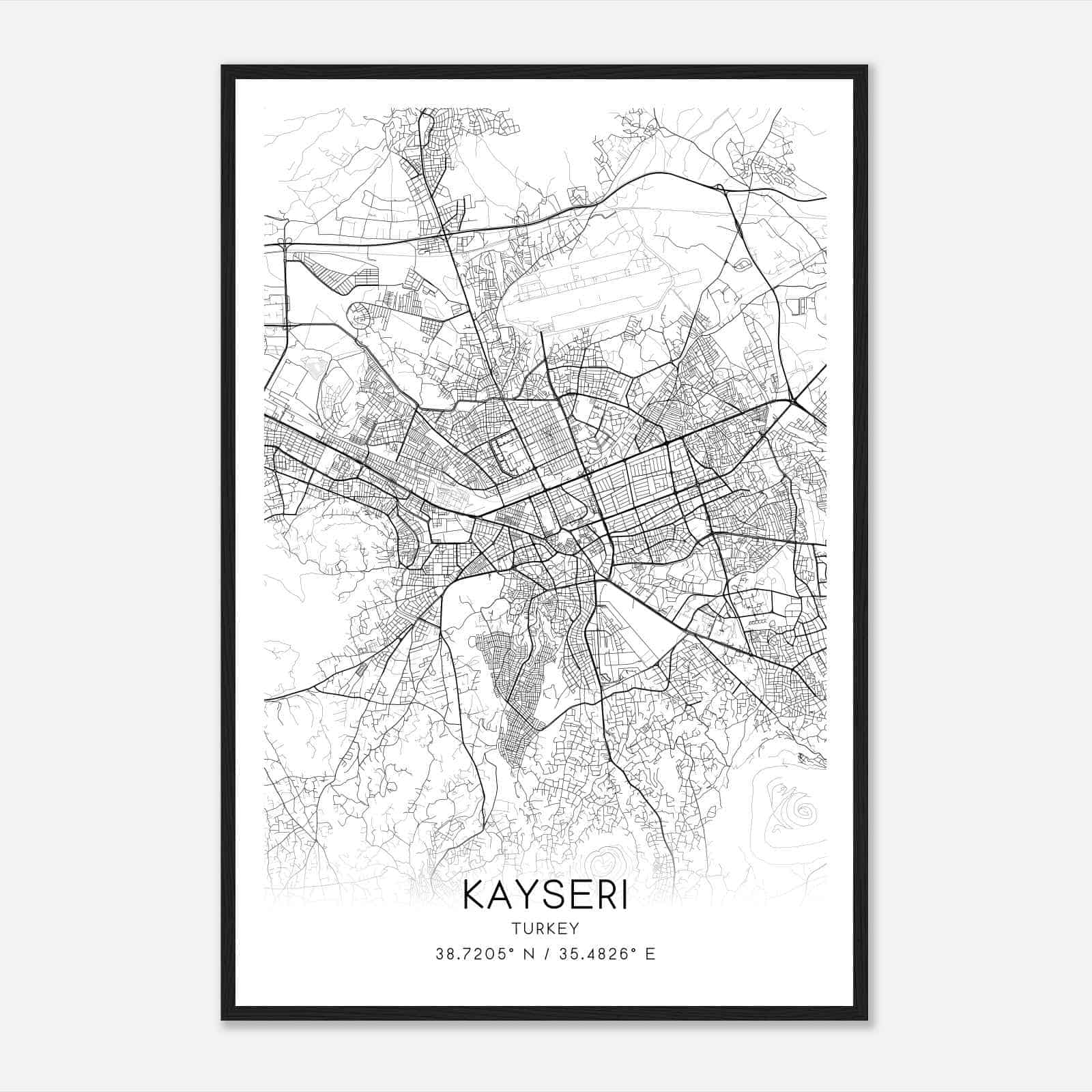 Kayseri Turkey Map Poster, Kayseri City Road Wall Art Print