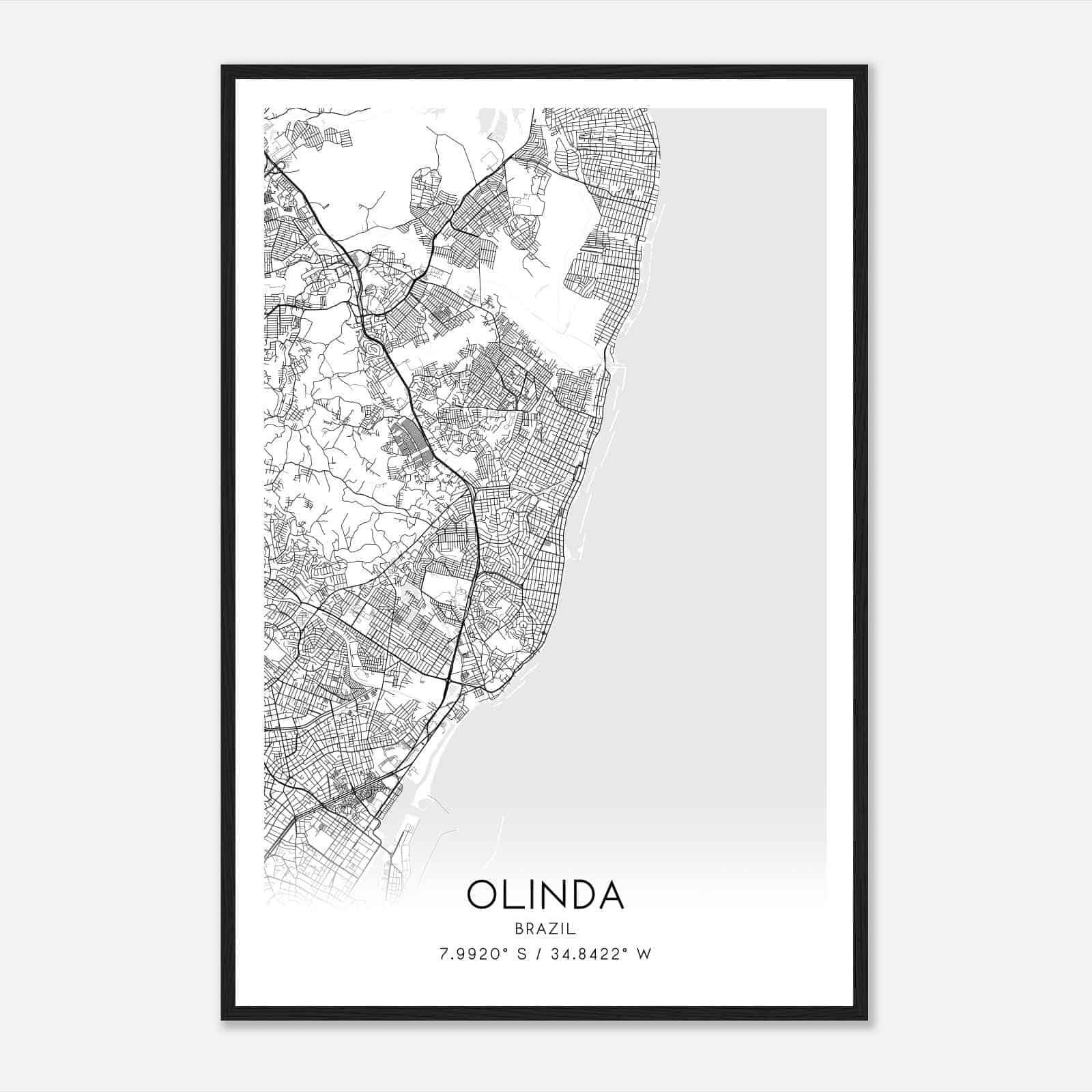 Olinda Brazil Map Poster, Olinda City Road Wall Art Print
