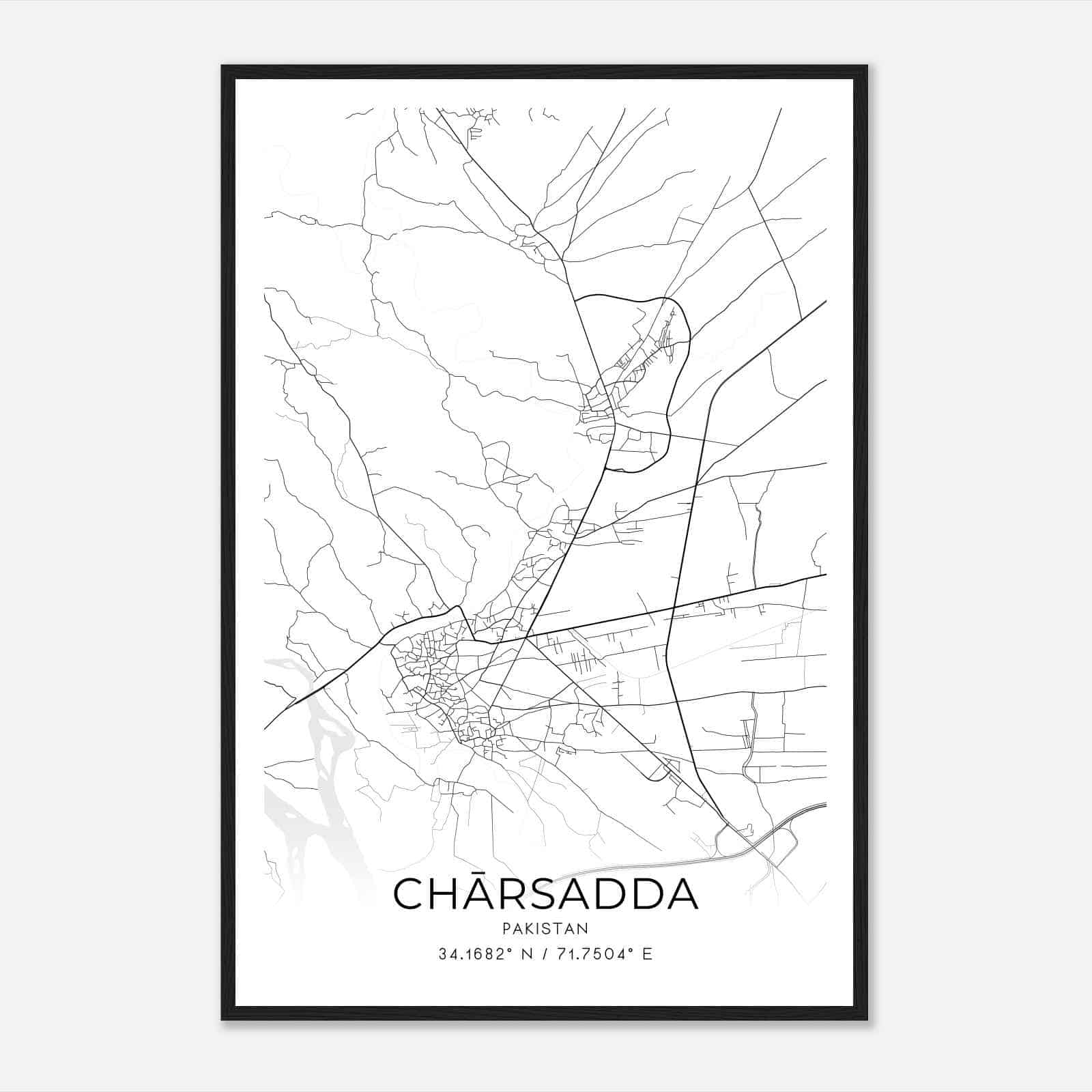 Charsadda Pakistan Map Poster, Charsadda City Road Wall Art Print