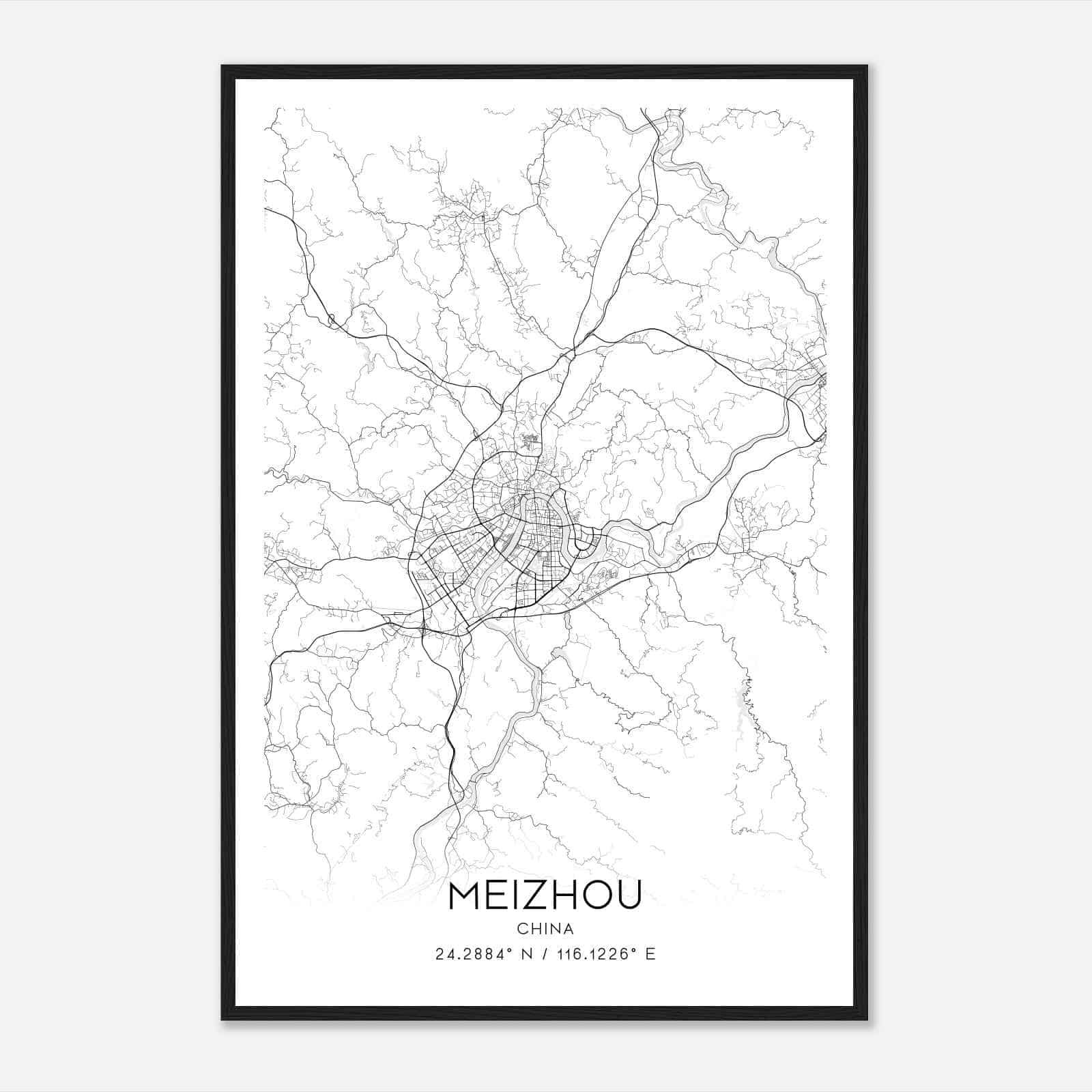 Meizhou China Map Poster, Meizhou City Road Wall Art Print