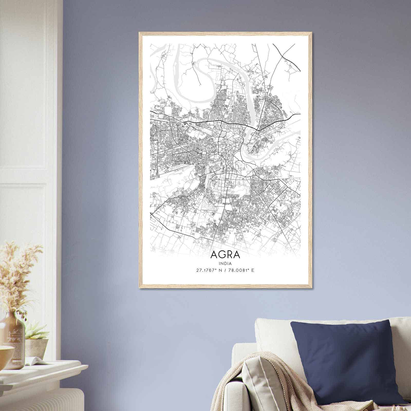 Agra India Map Poster, Agra City Road Wall Art Print