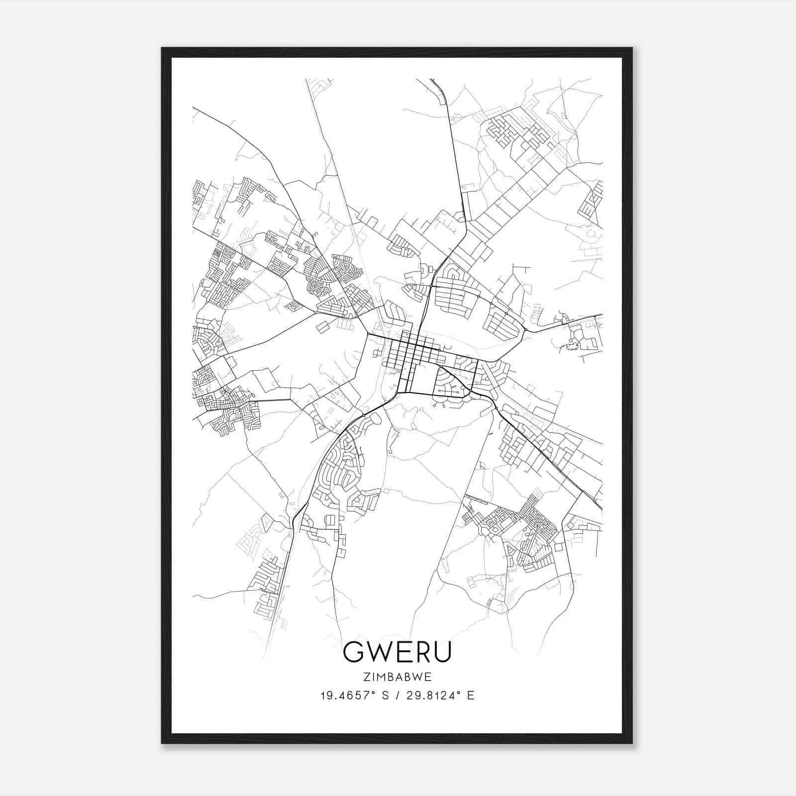 Gweru Zimbabwe Map Poster, Gweru City Road Wall Art Print