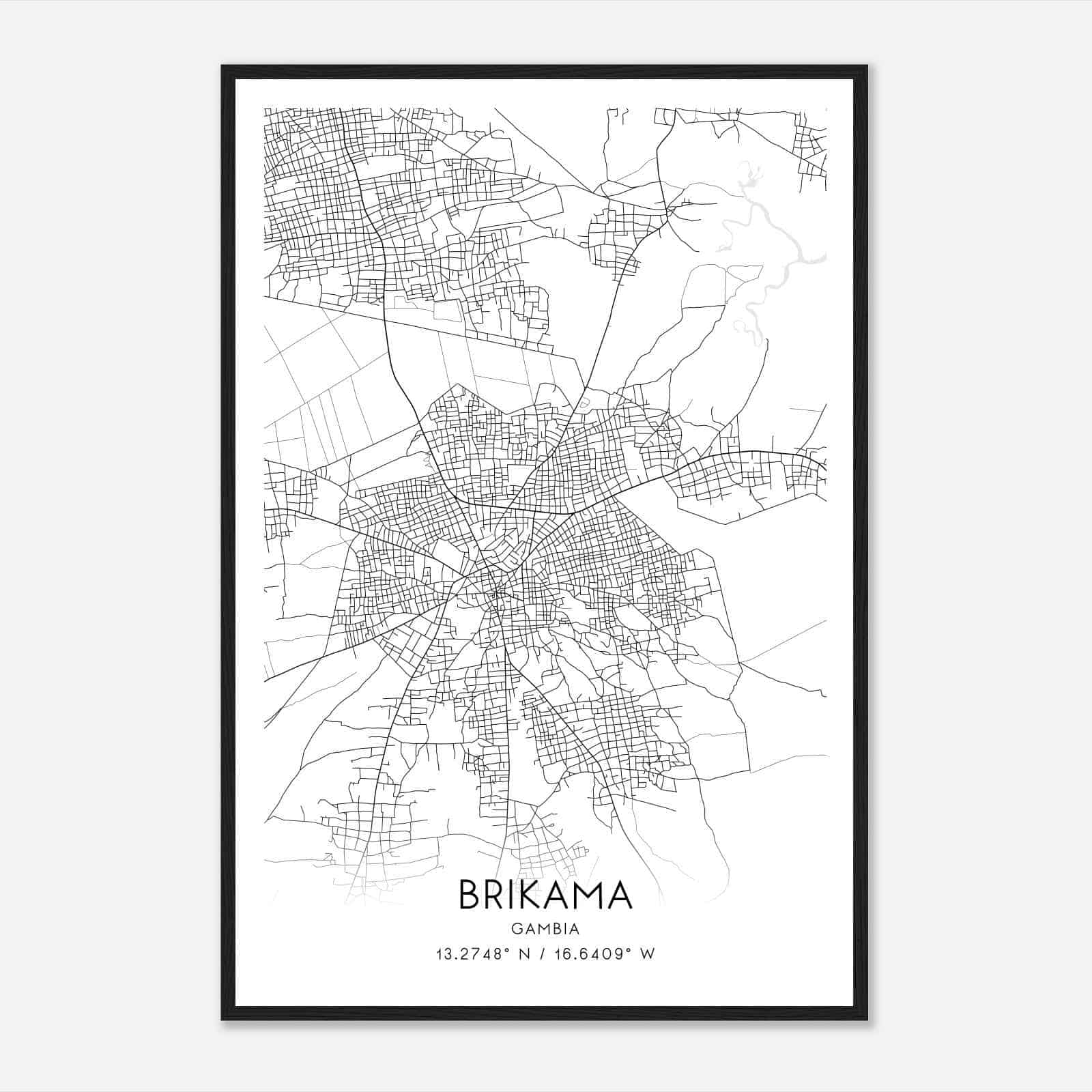 Brikama Gambia Map Poster, Brikama City Road Wall Art Print