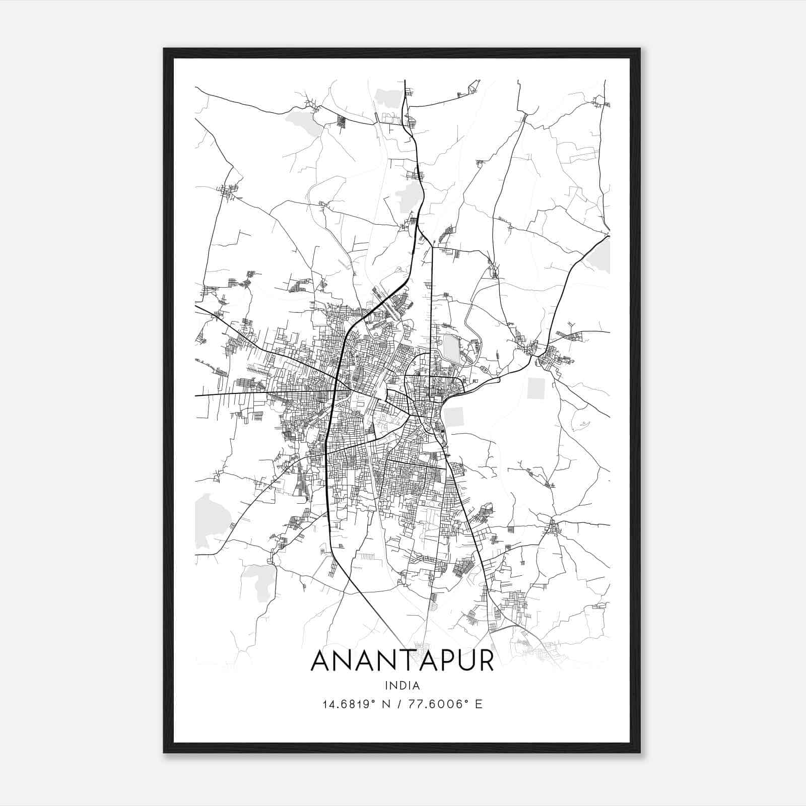 Anantapur India Map Poster, Anantapur City Road Wall Art Print