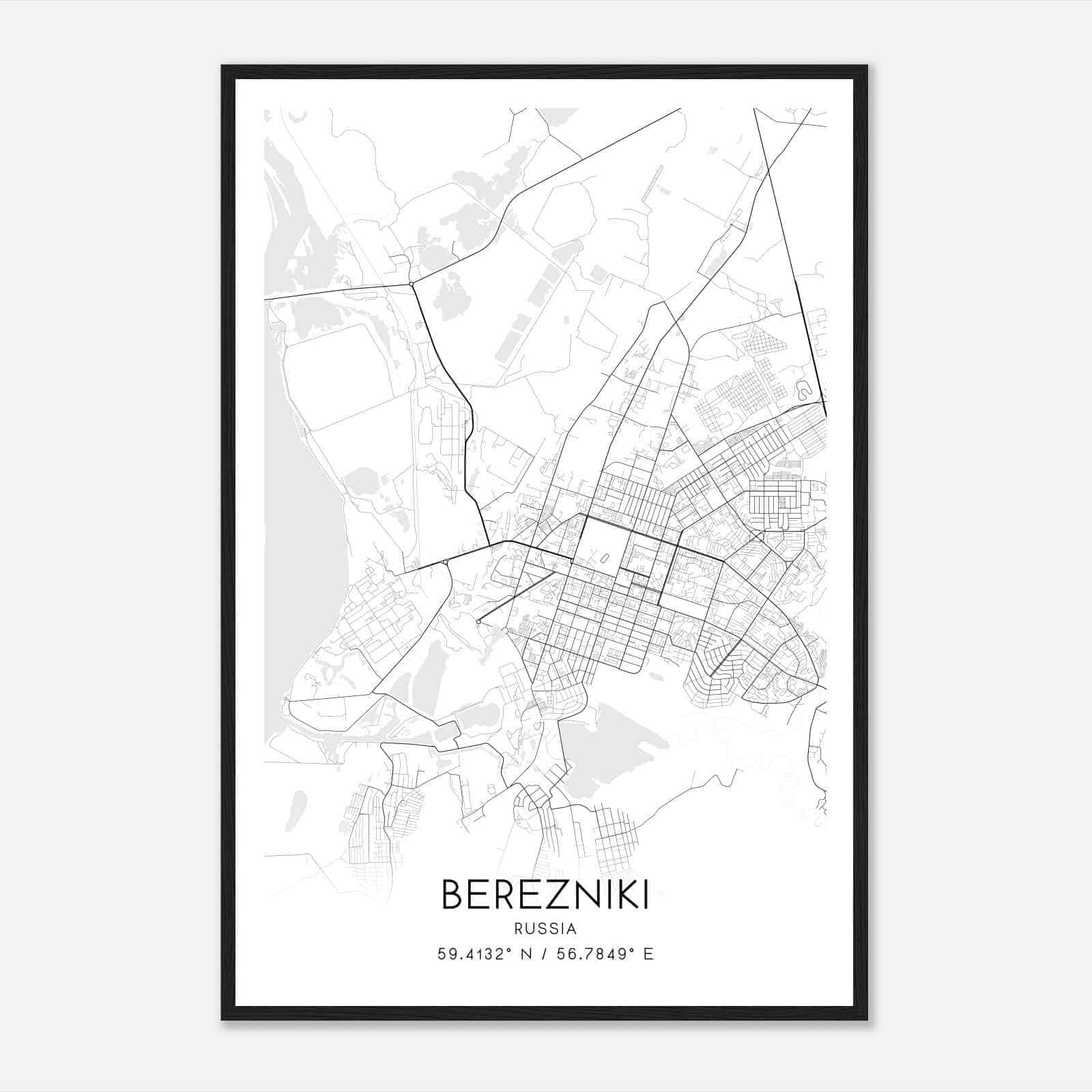 Berezniki Russia Map Poster, Berezniki City Road Wall Art Print