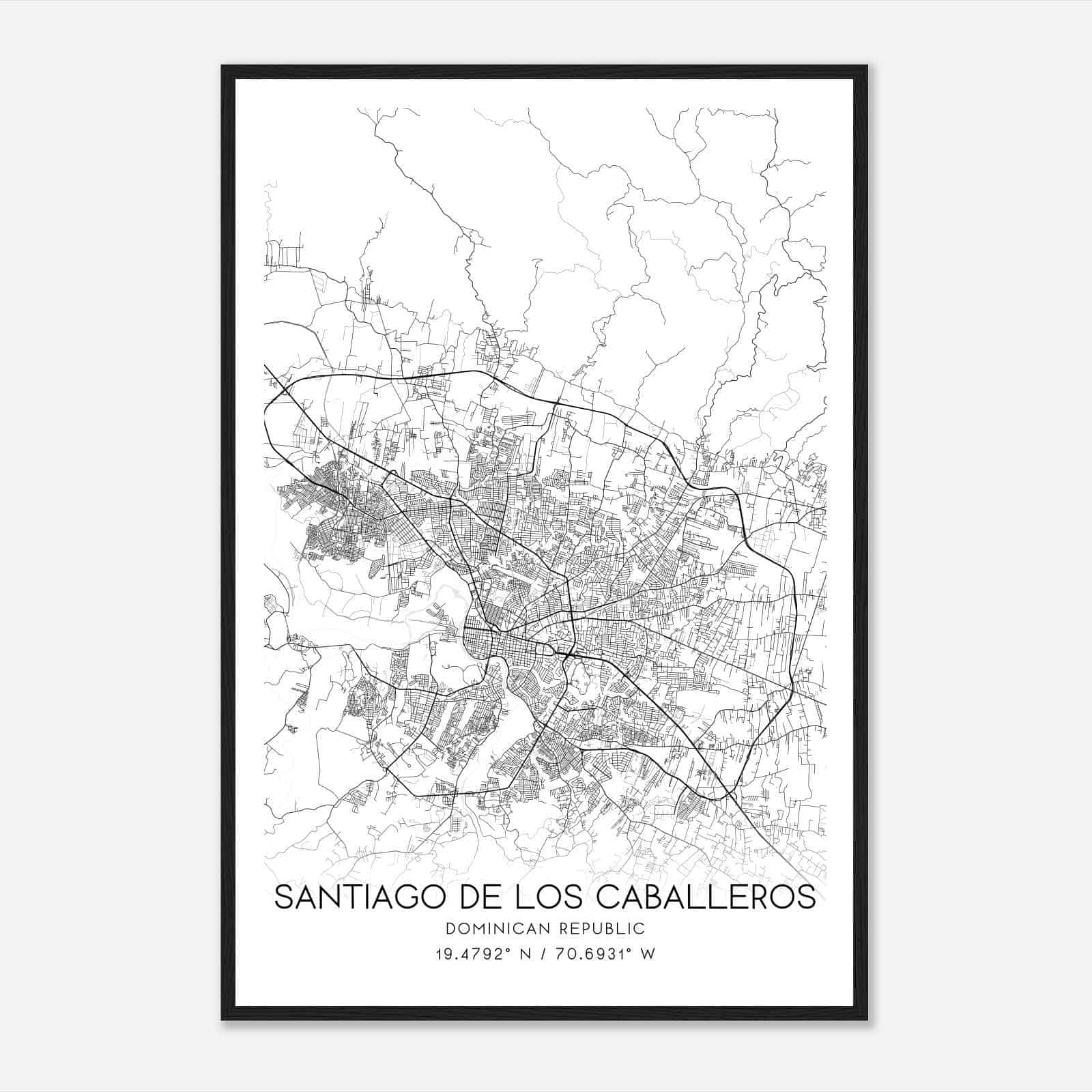 Santiago de los Caballeros Dominican Republic Map Poster, Santiago de los Caballeros City Road Wall Art Print