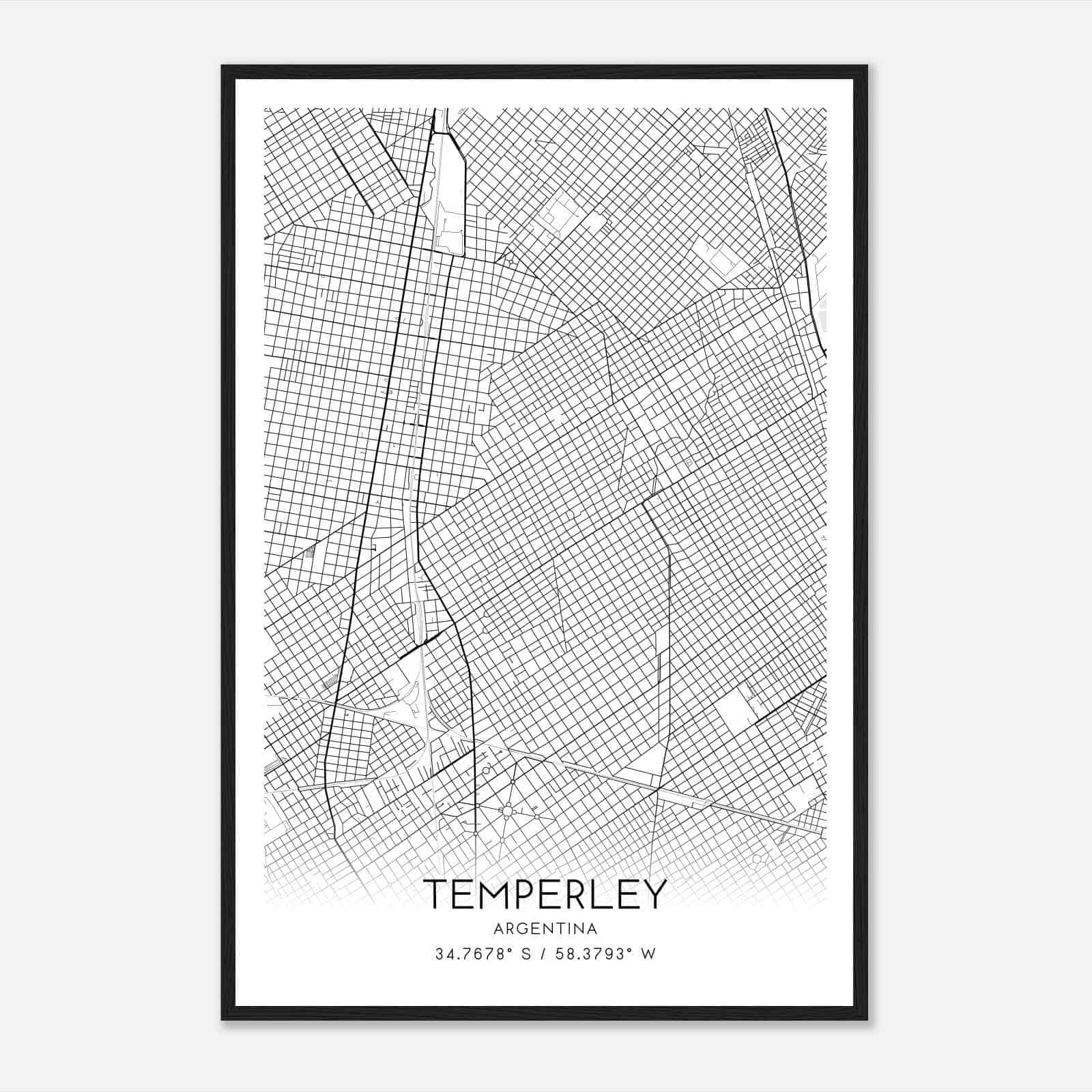Temperley Argentina Map Poster, Temperley City Road Wall Art Print