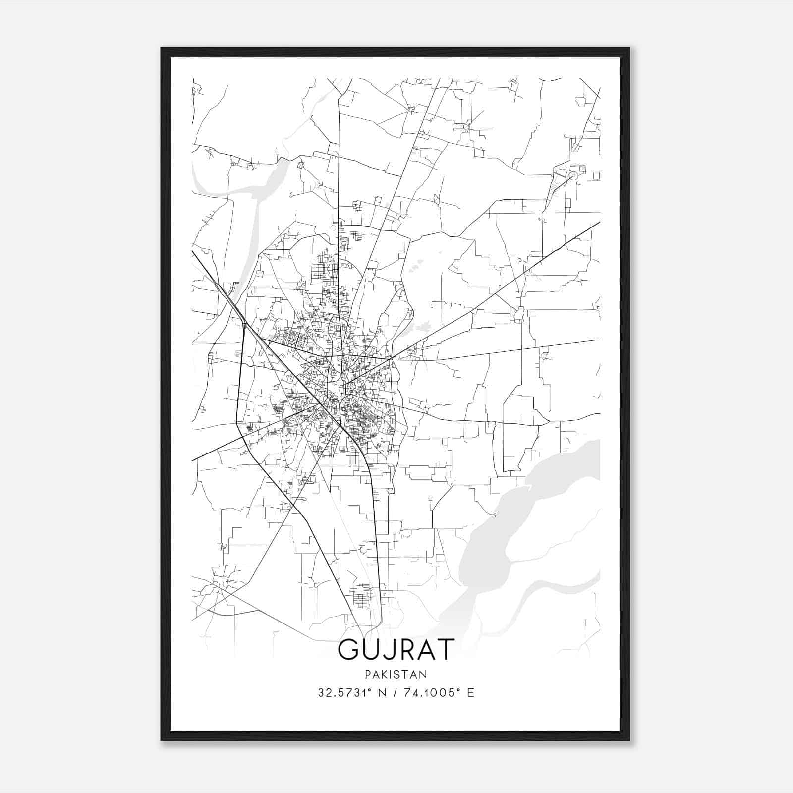 Gujrat Pakistan Map Poster, Gujrat City Road Wall Art Print