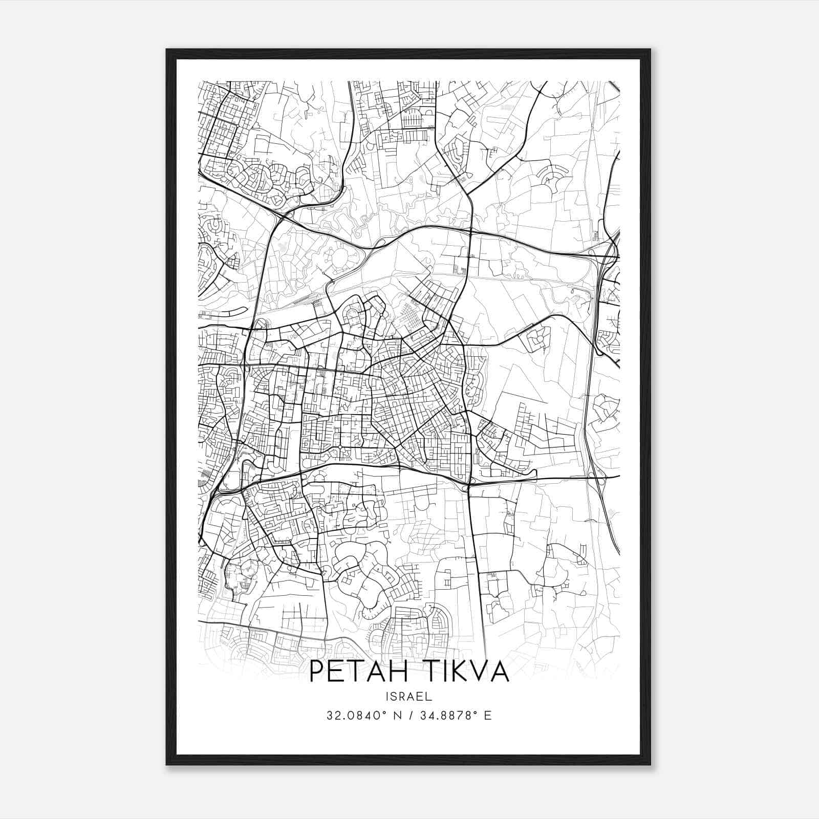 Petah Tikva Israel Map Poster, Petah Tikva City Road Wall Art Print