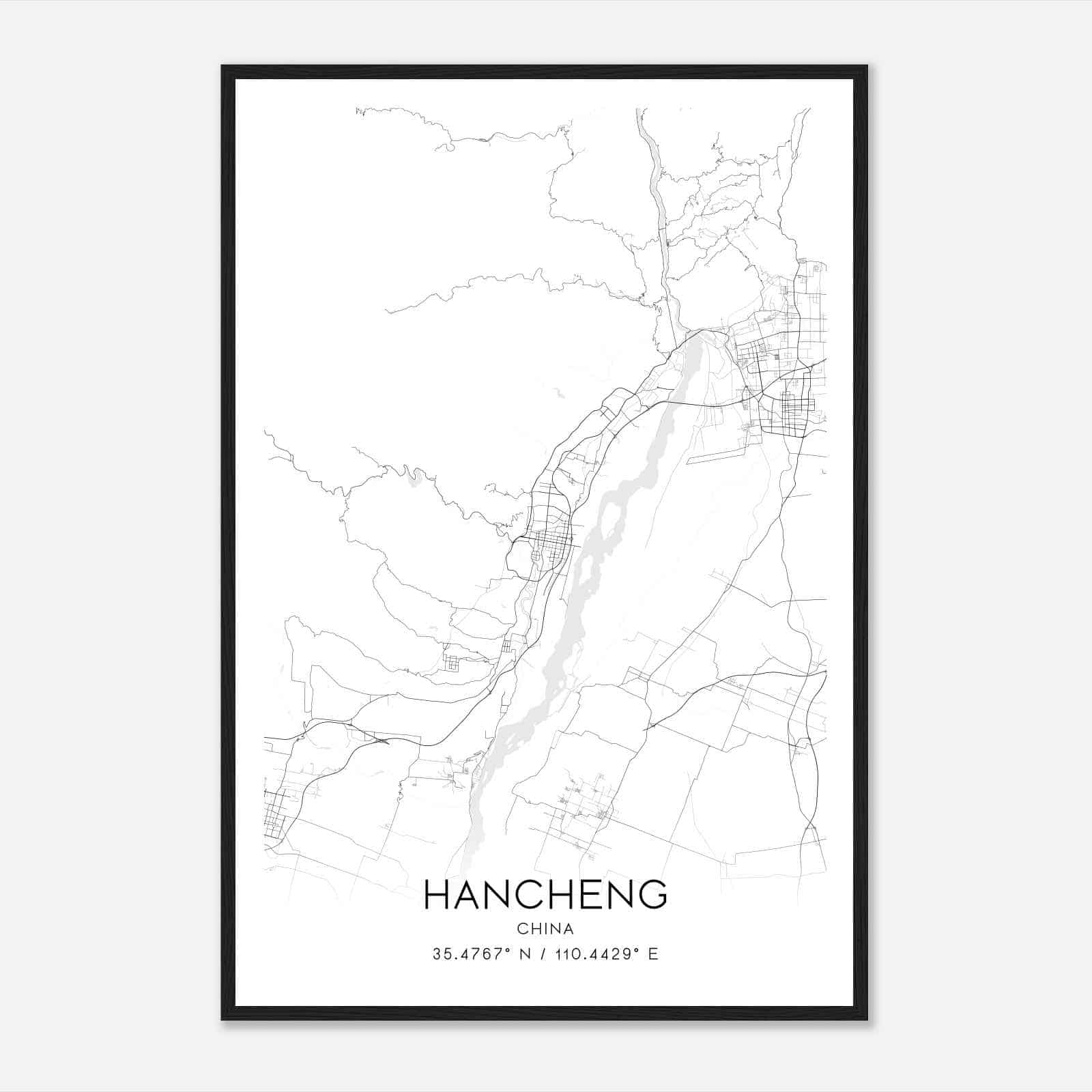 Hancheng China Map Poster, Hancheng City Road Wall Art Print
