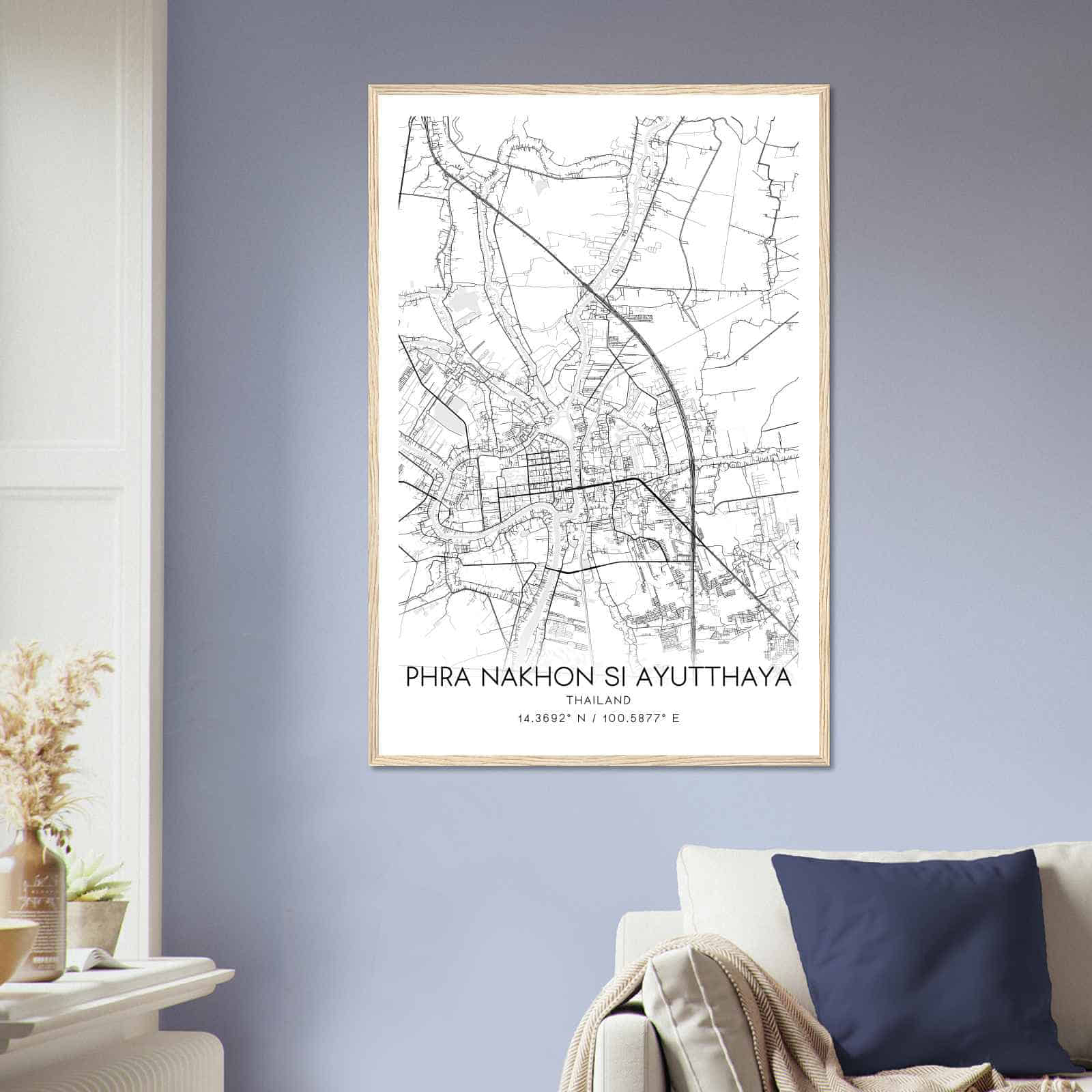 Phra Nakhon Si Ayutthaya Thailand Map Poster, Phra Nakhon Si Ayutthaya City Road Wall Art Print