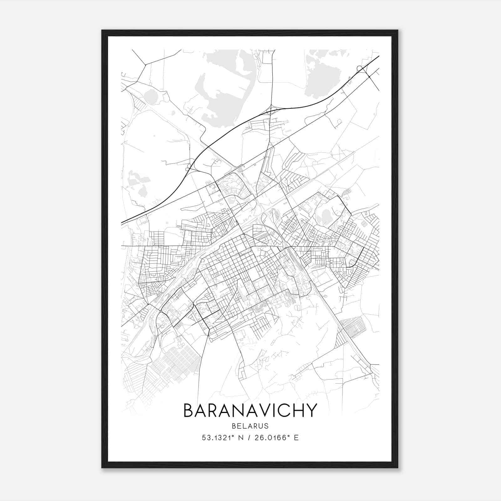 Baranavichy Belarus Map Poster, Baranavichy City Road Wall Art Print