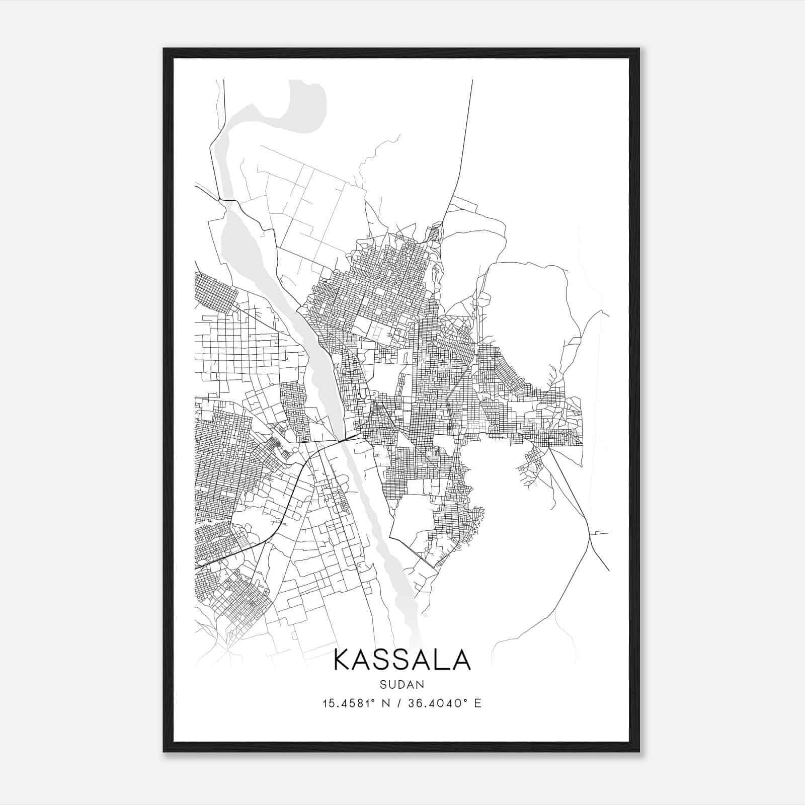 Kassala Sudan Map Poster, Kassala City Road Wall Art Print