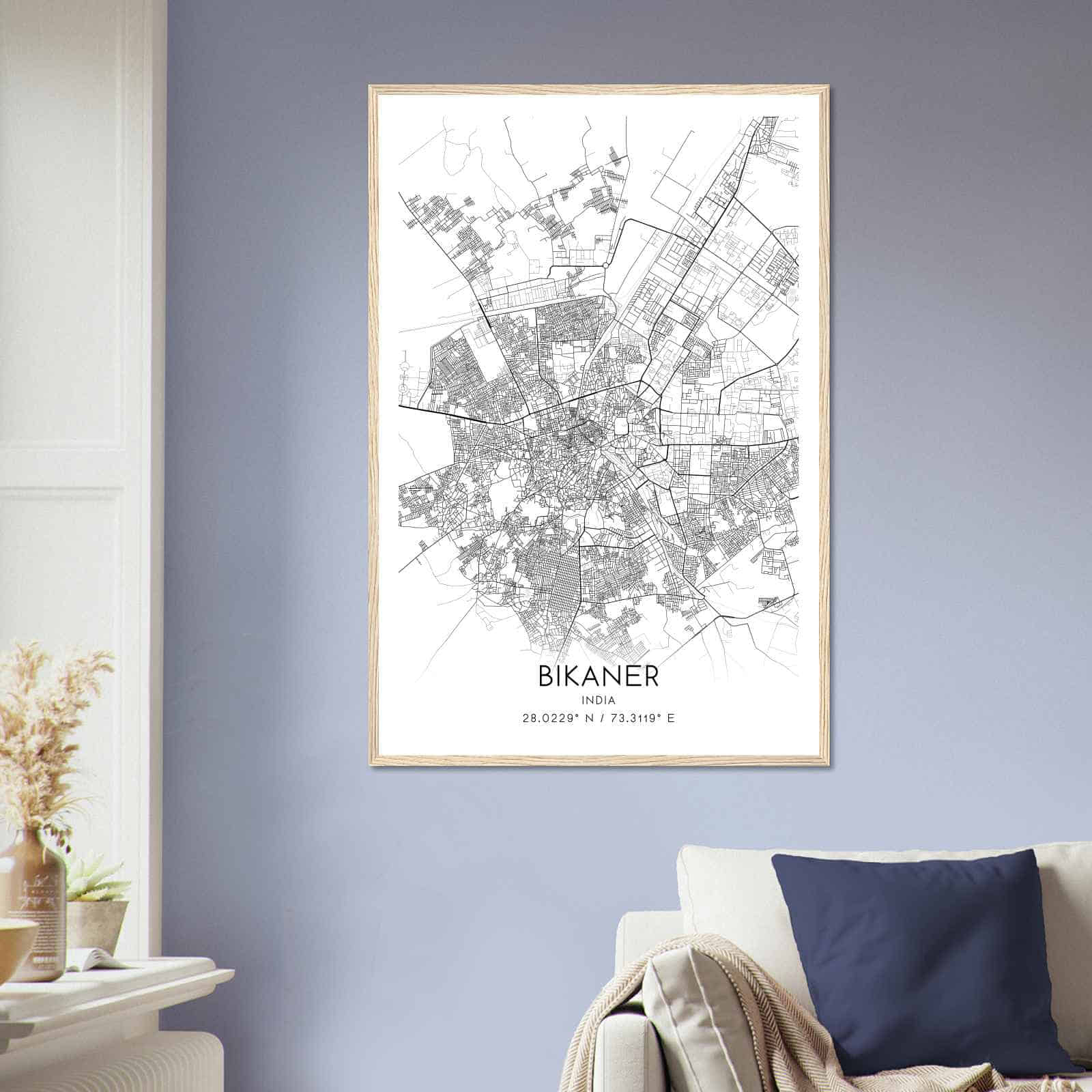 Bikaner India Map Poster, Bikaner City Road Wall Art Print