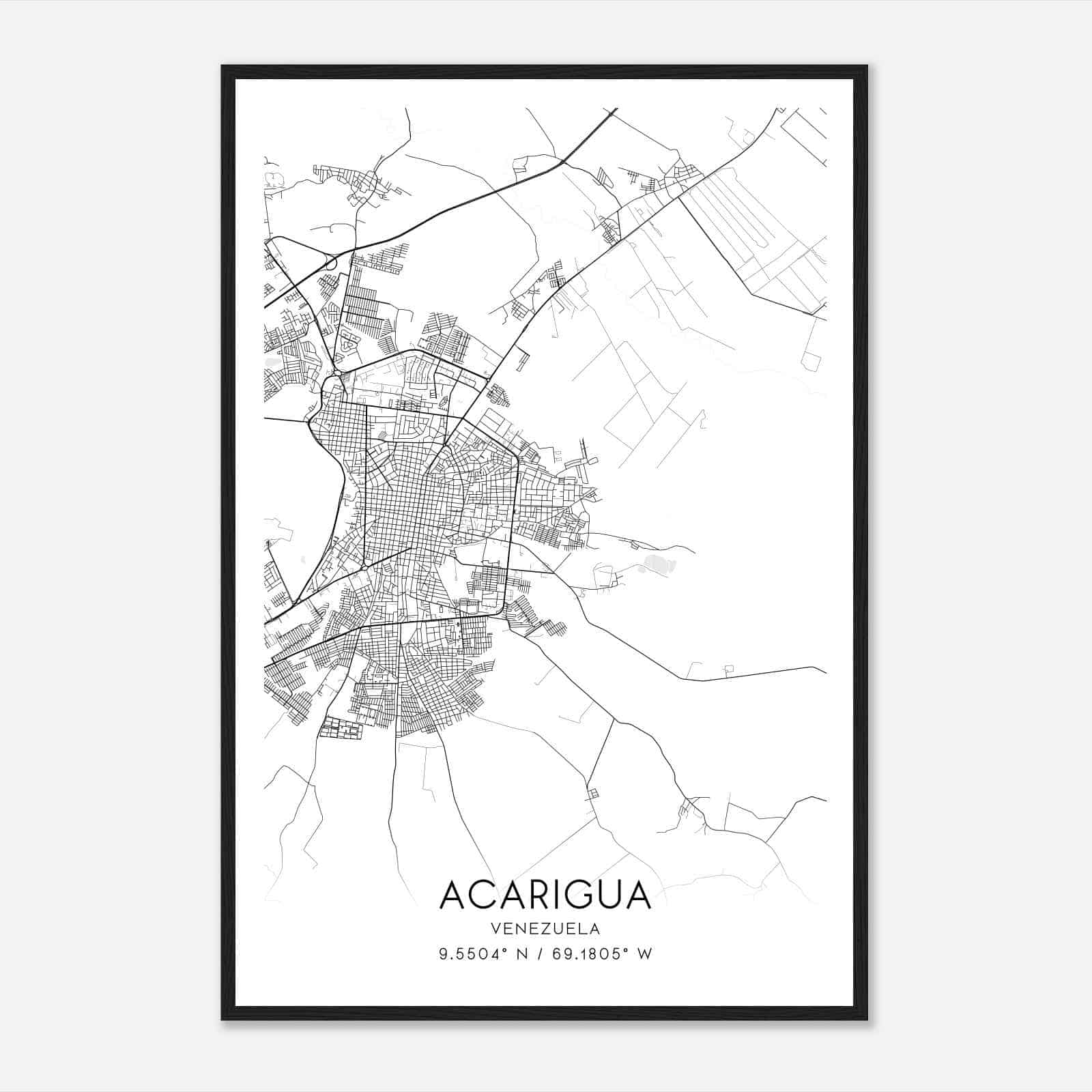 Acarigua Venezuela Map Poster, Acarigua City Road Wall Art Print