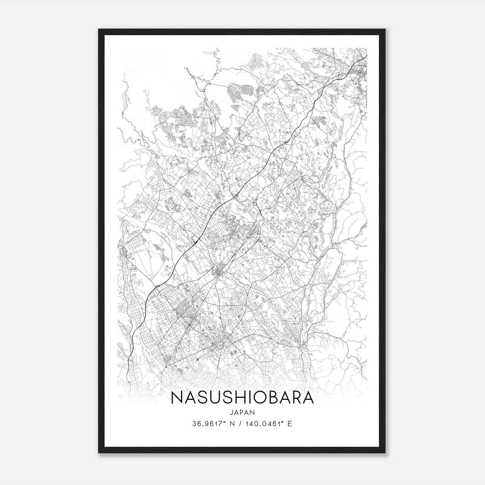 Nasushiobara Japan Map Poster, Nasushiobara City Road Wall Art Print