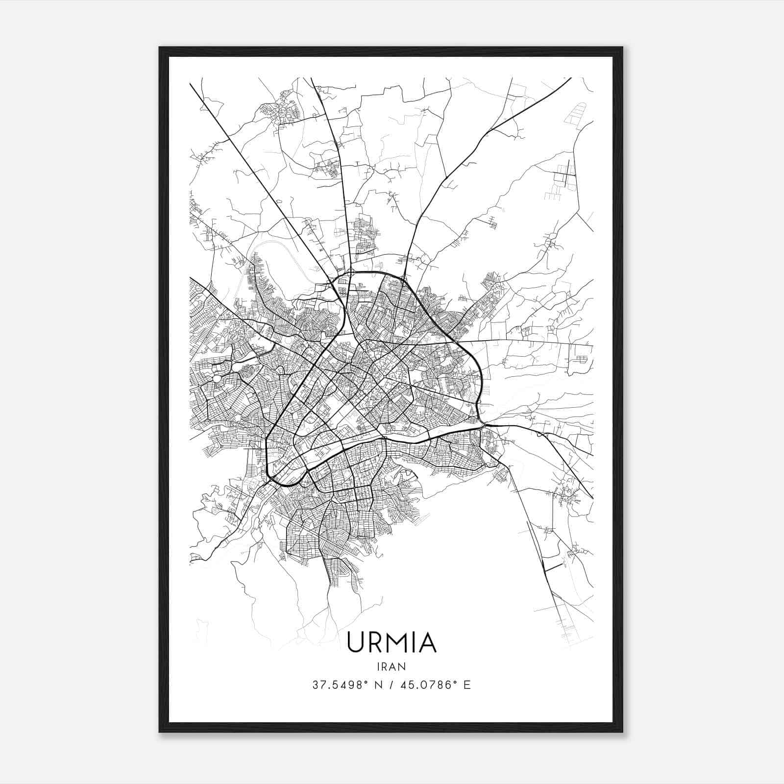 Urmia Iran Map Poster, Urmia City Road Wall Art Print