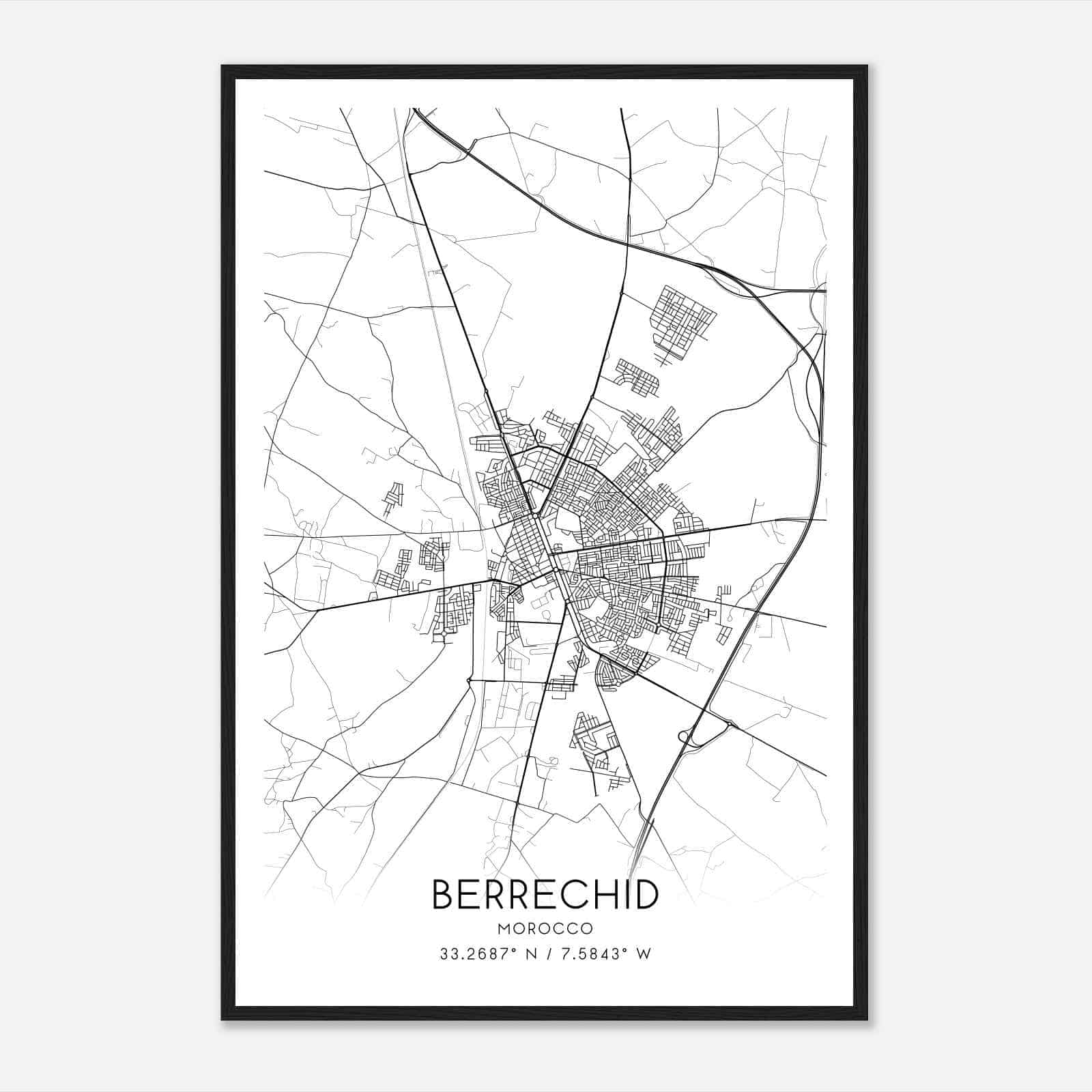 Berrechid Morocco Map Poster, Berrechid City Road Wall Art Print