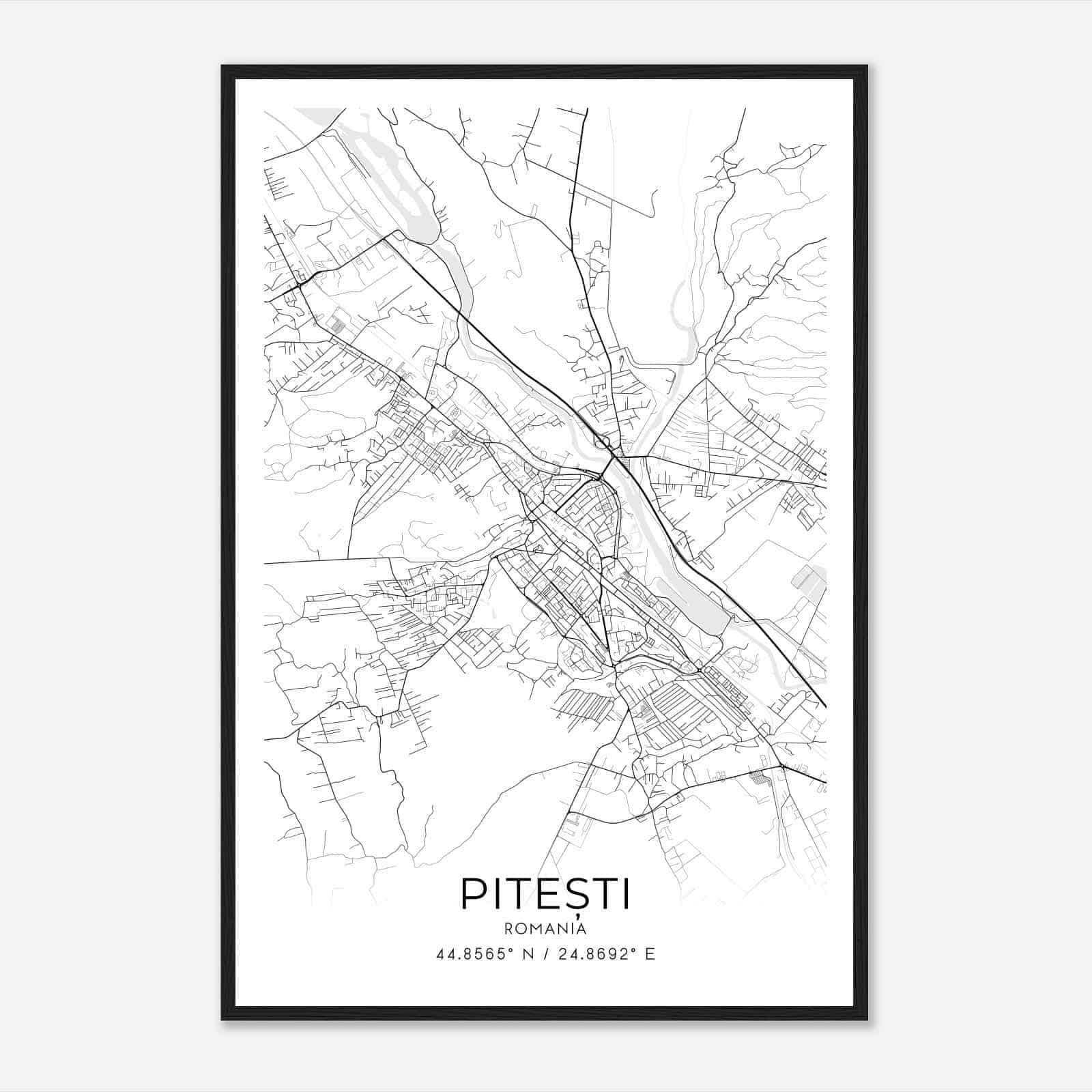 Pitesti Romania Map Poster, Pitesti City Road Wall Art Print