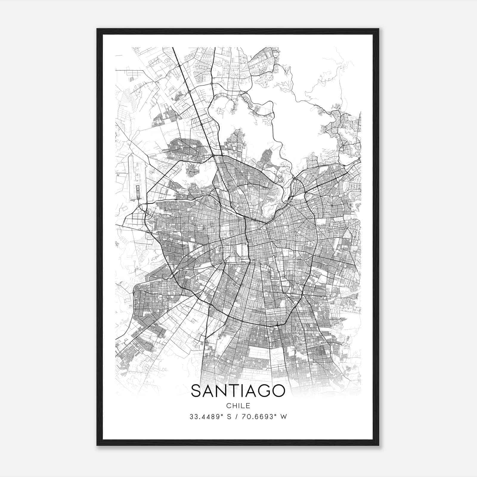 Santiago Chile Map Poster, Santiago City Road Wall Art Print
