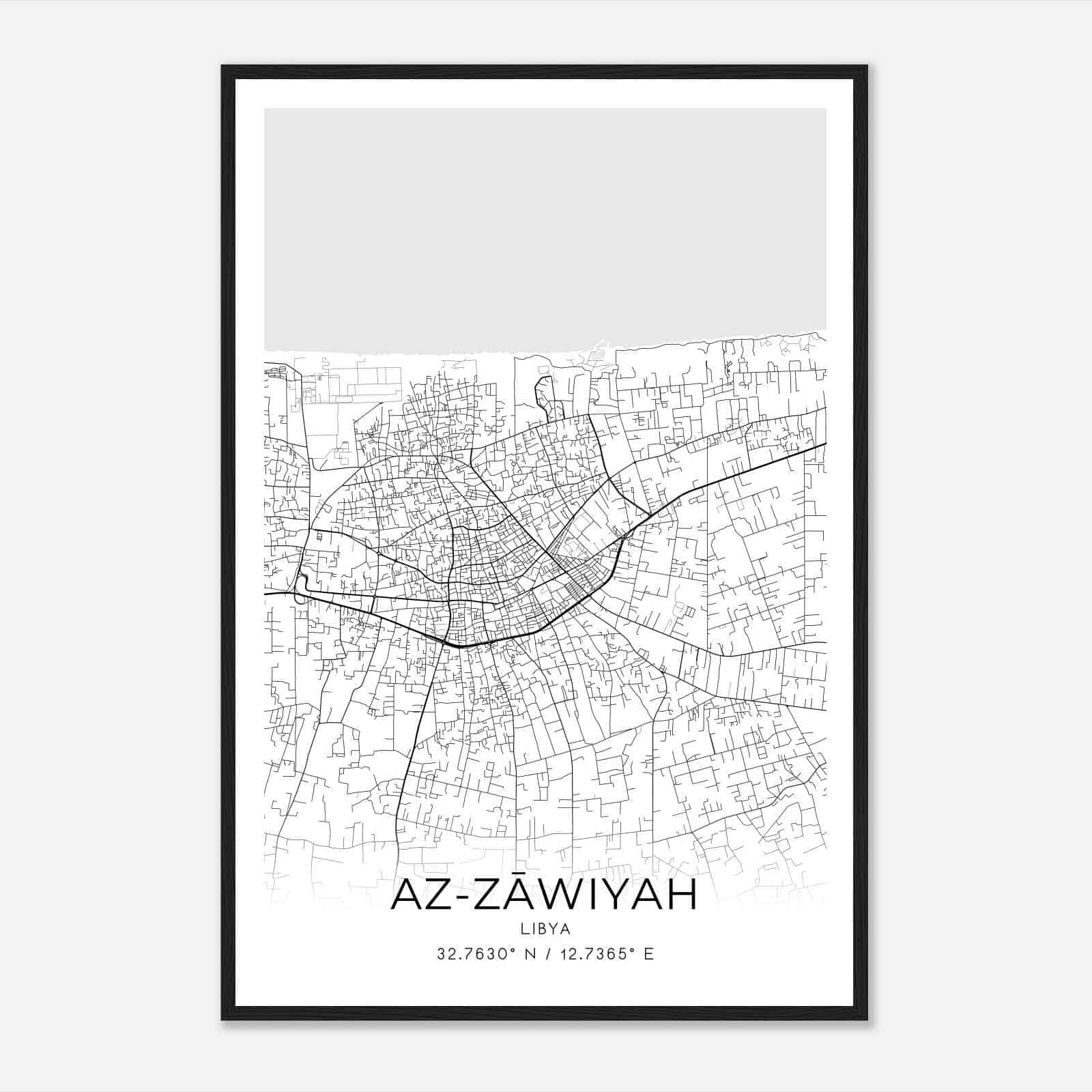 AzZawiyah Libya Map Poster, AzZawiyah City Road Wall Art Print