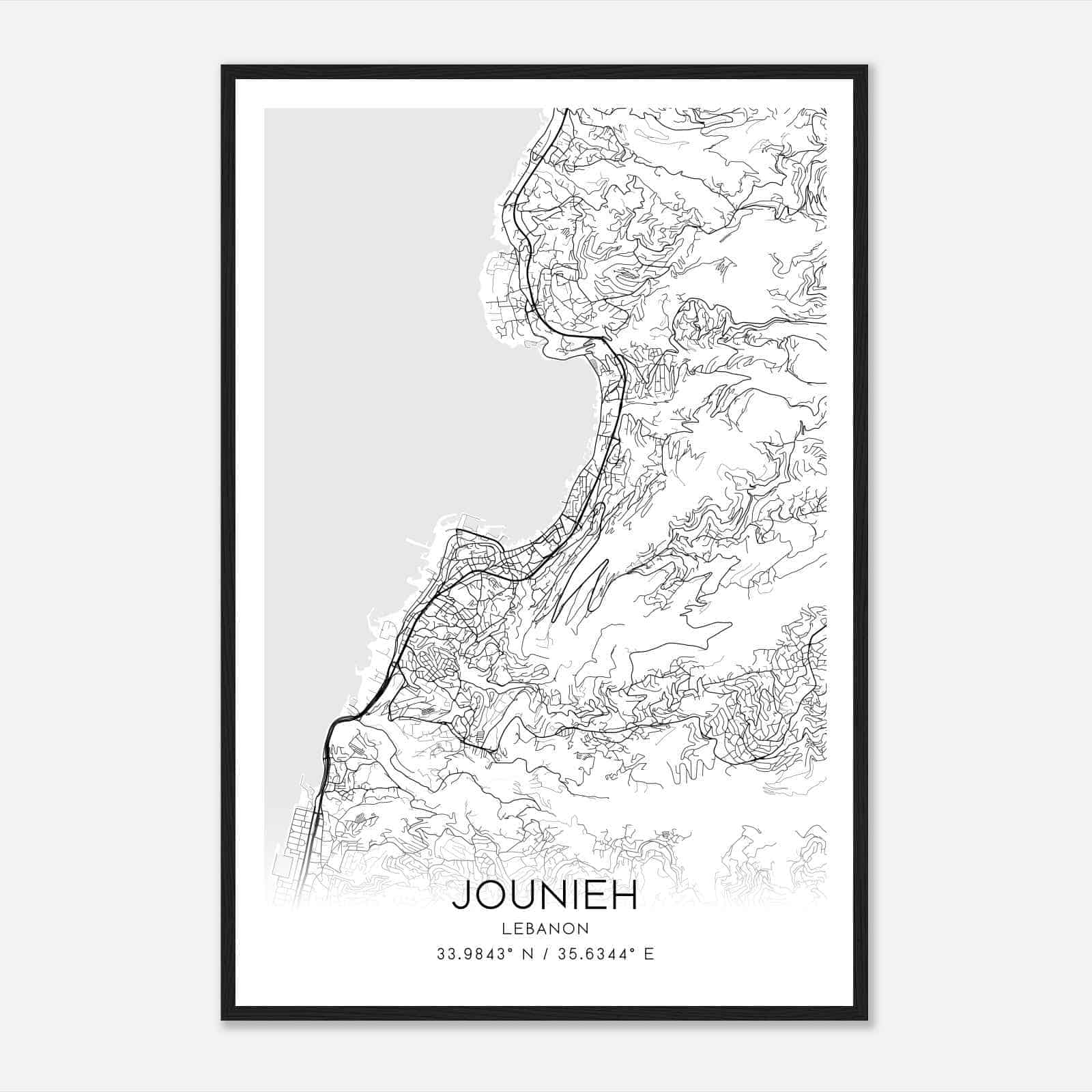 Jounieh Lebanon Map Poster, Jounieh City Road Wall Art Print