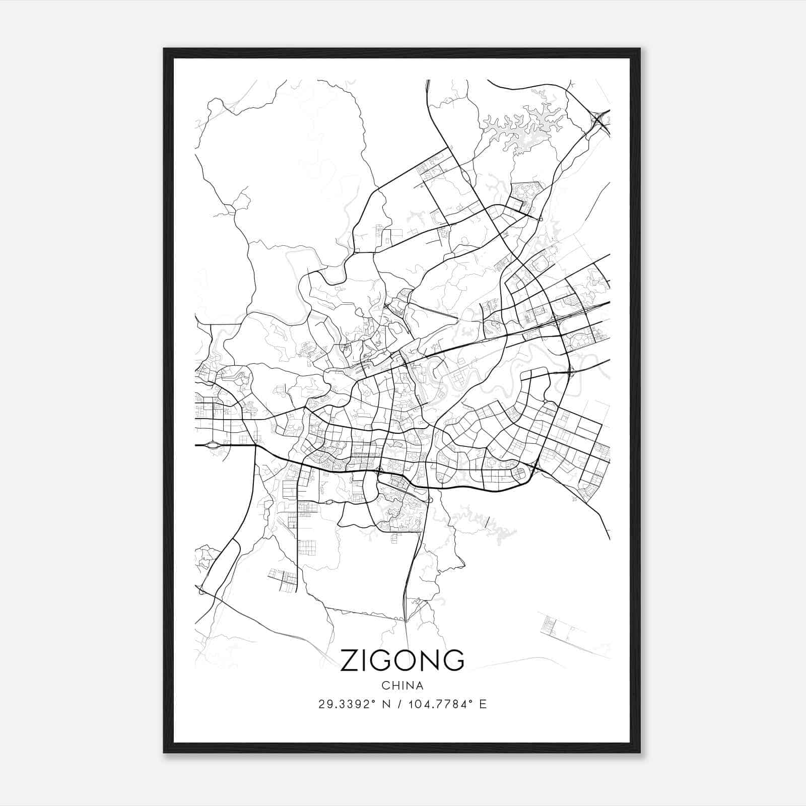 Zigong China Map Poster, Zigong City Road Wall Art Print