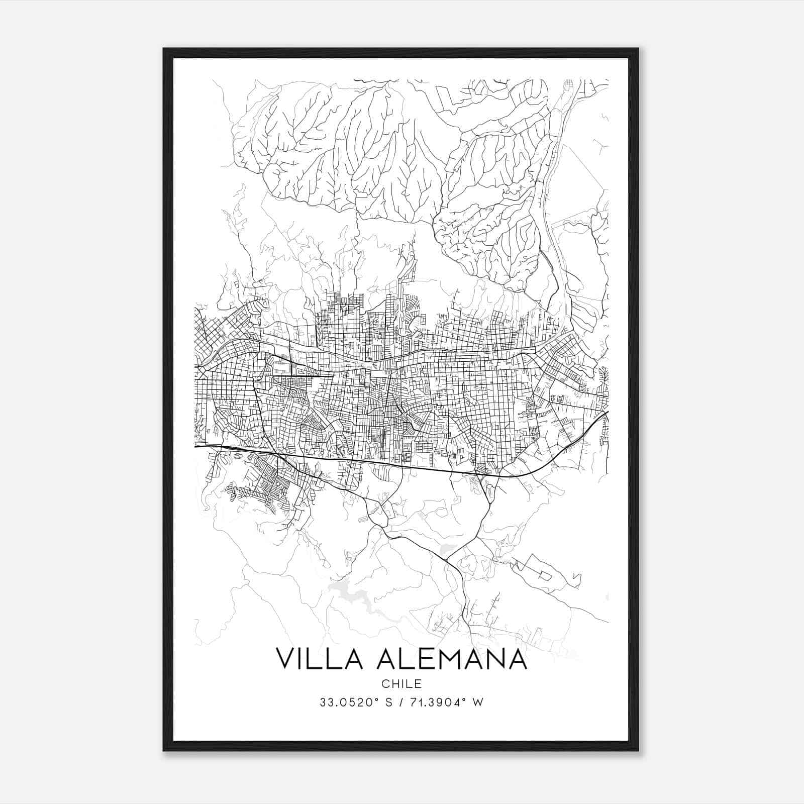 Villa Alemana Chile Map Poster, Villa Alemana City Road Wall Art Print