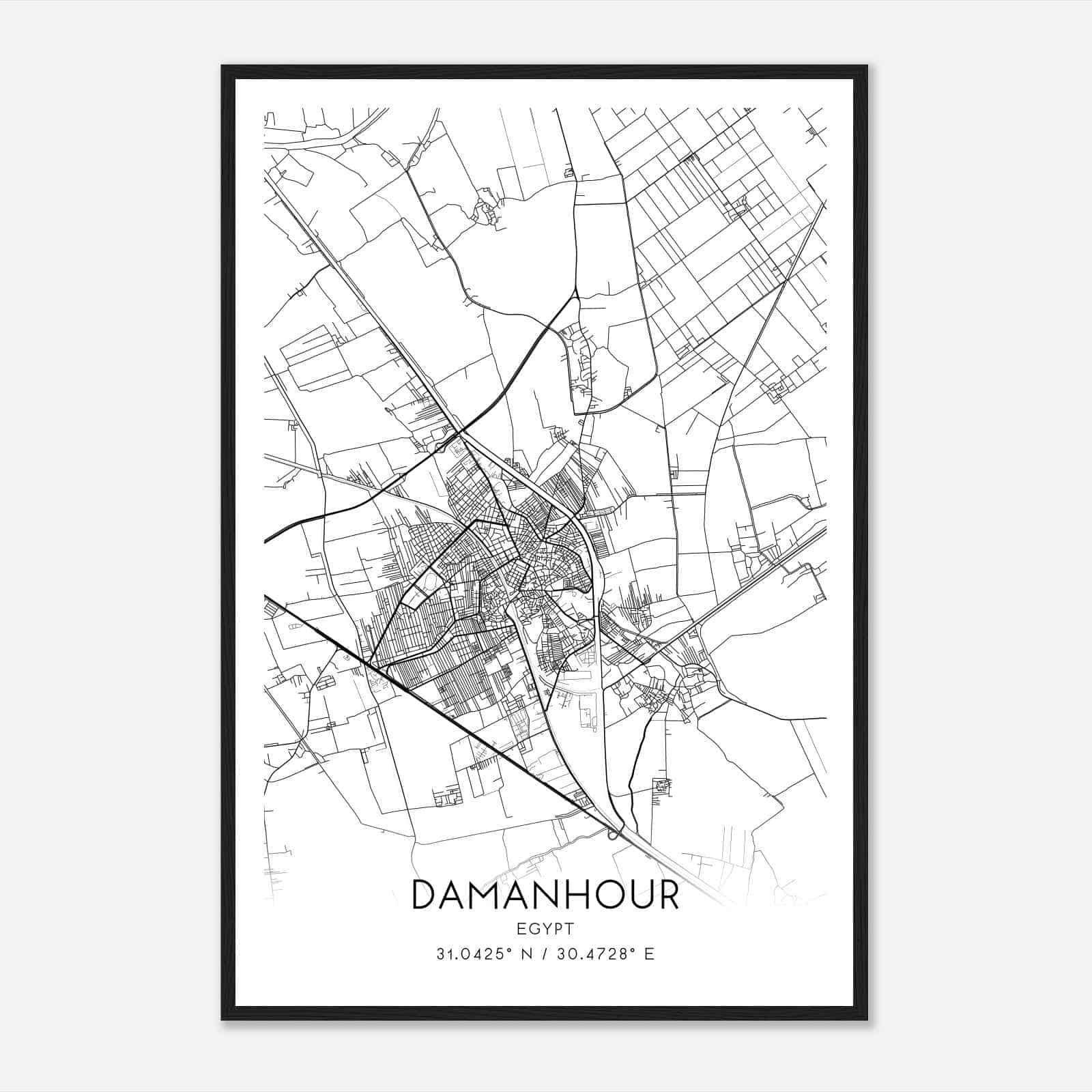 Damanhour Egypt Map Poster, Damanhour City Road Wall Art Print