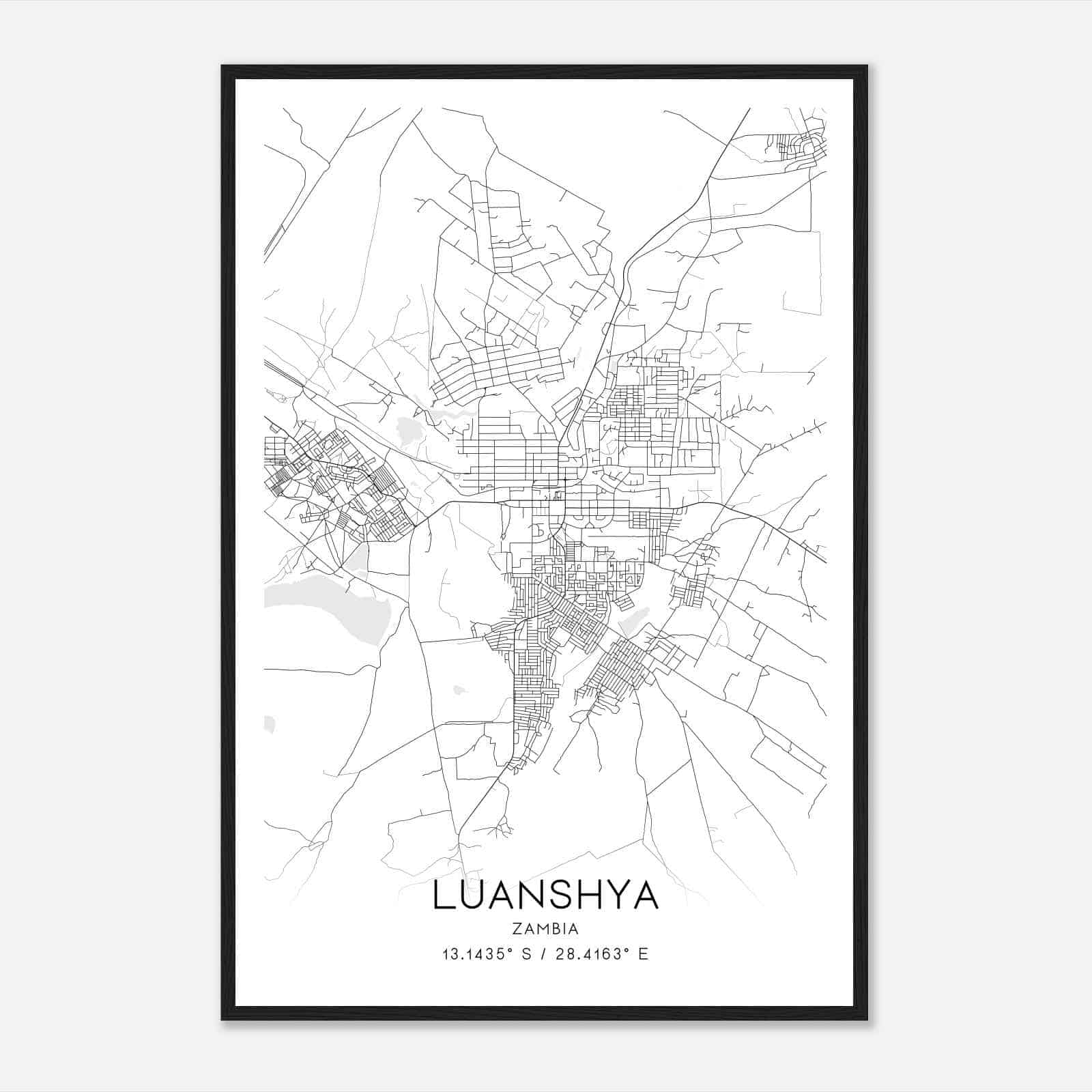 Luanshya Zambia Map Poster, Luanshya City Road Wall Art Print