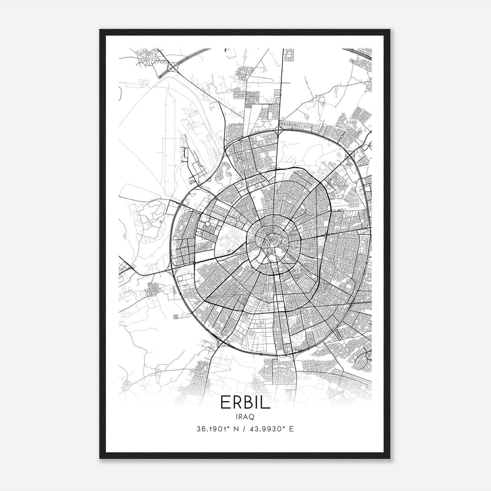 Erbil Iraq Map Poster, Erbil City Road Wall Art Print