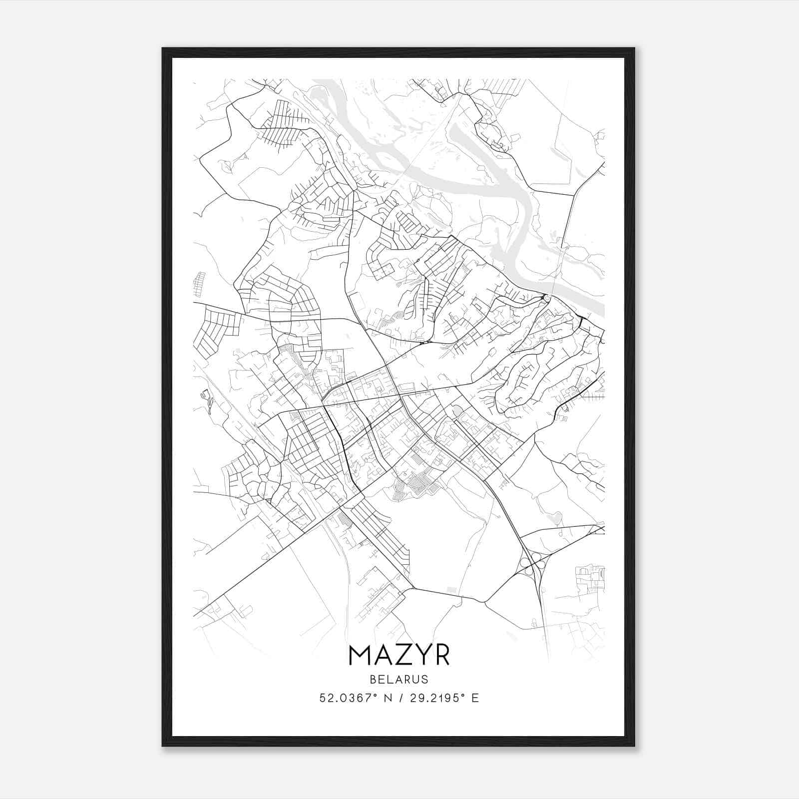 Mazyr Belarus Map Poster, Mazyr City Road Wall Art Print