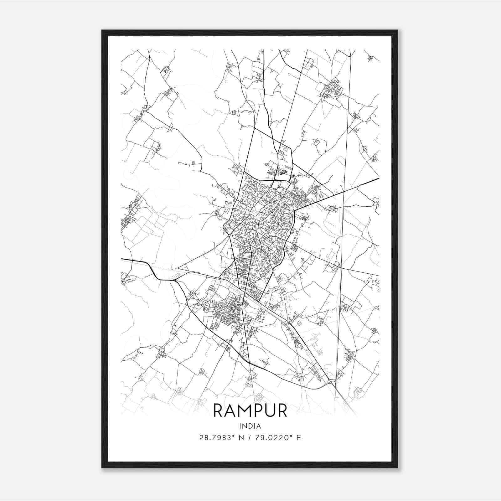Rampur India Map Poster, Rampur City Road Wall Art Print