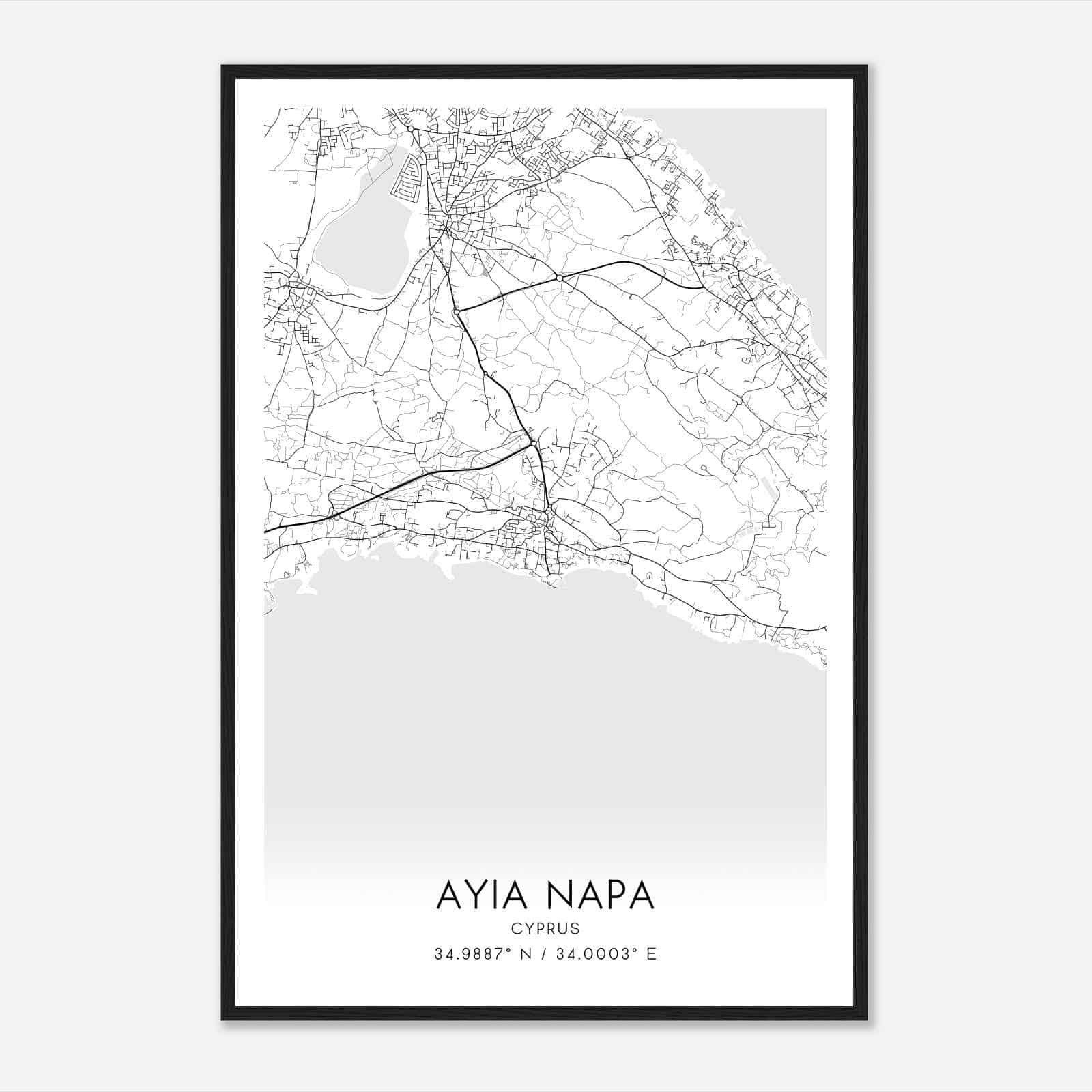 Ayia Napa Cyprus Map Poster, Ayia Napa City Road Wall Art Print