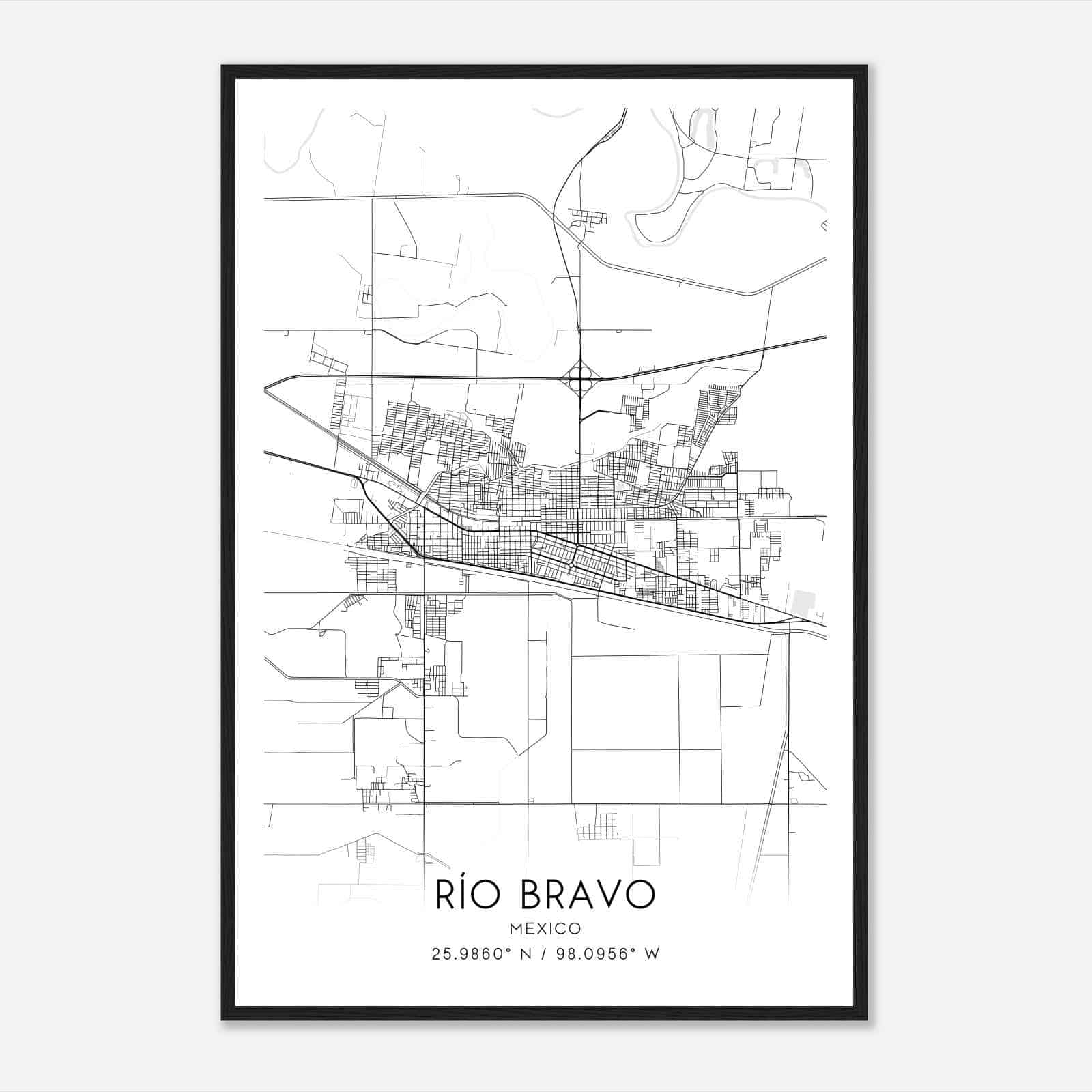 Rio Bravo Mexico Map Poster, Rio Bravo City Road Wall Art Print
