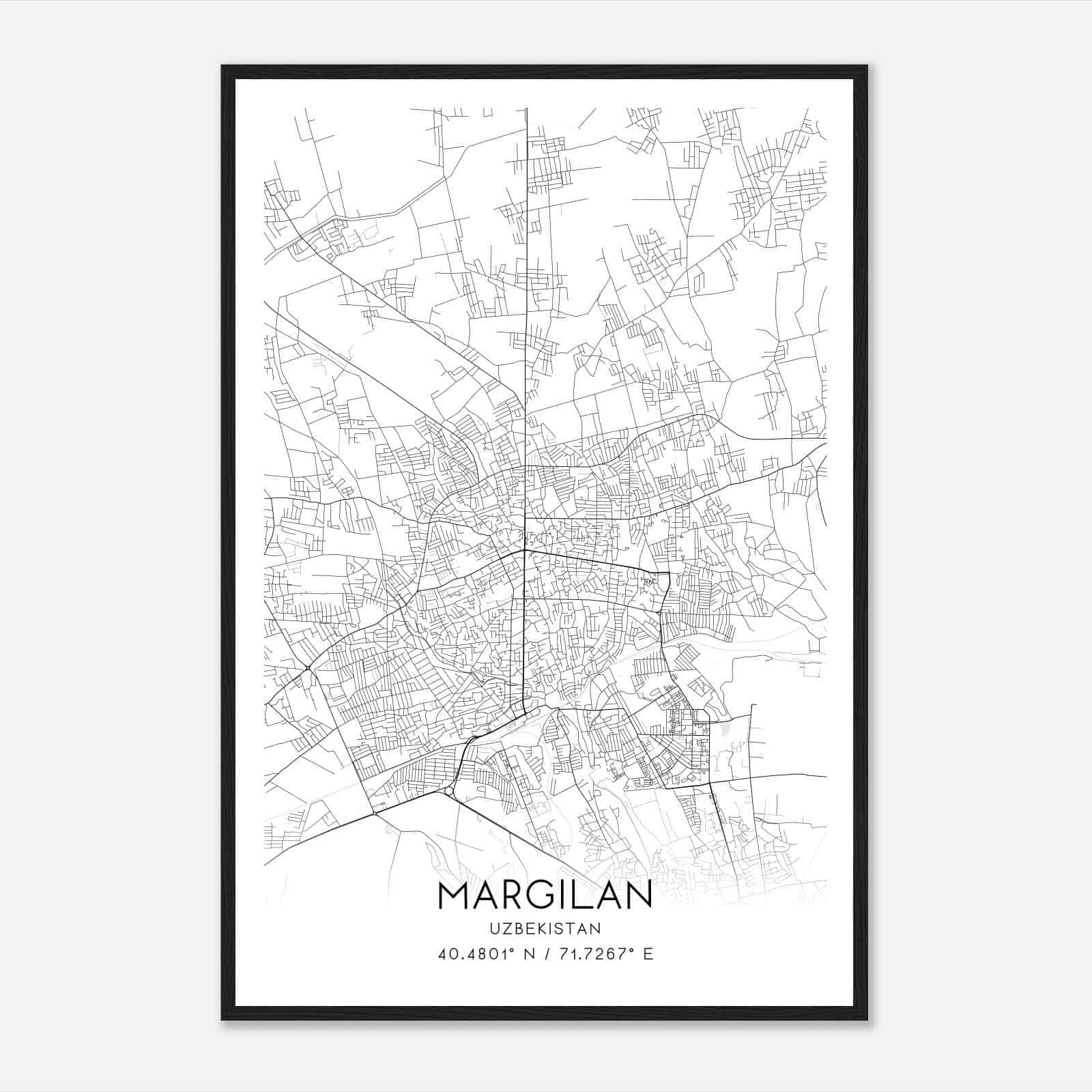 Margilan Uzbekistan Map Poster, Margilan City Road Wall Art Print
