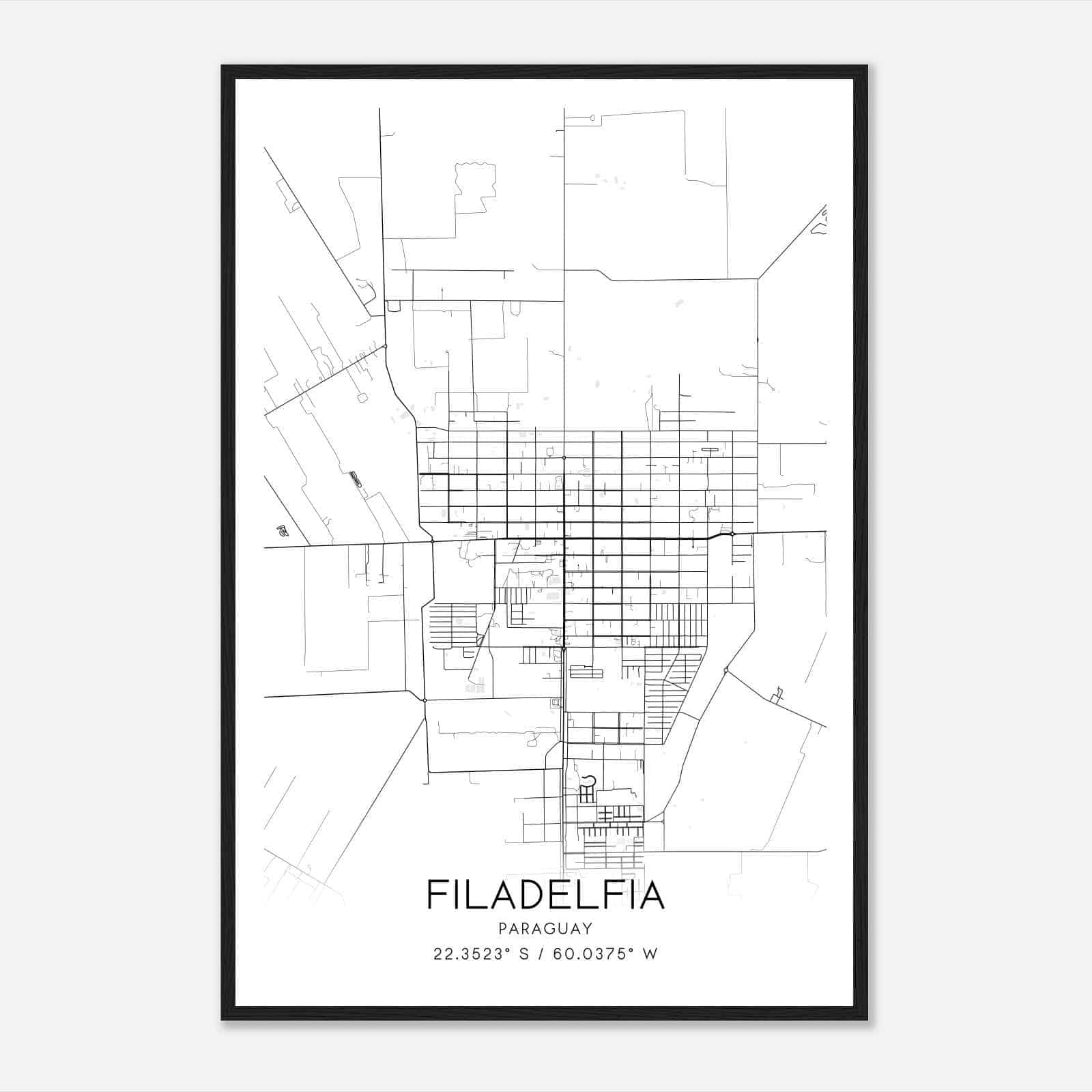 Filadelfia Paraguay Map Poster, Filadelfia City Road Wall Art Print