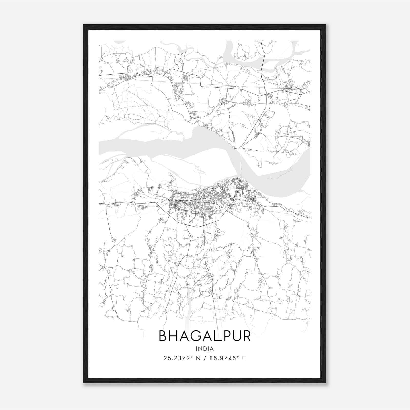 Bhagalpur India Map Poster, Bhagalpur City Road Wall Art Print