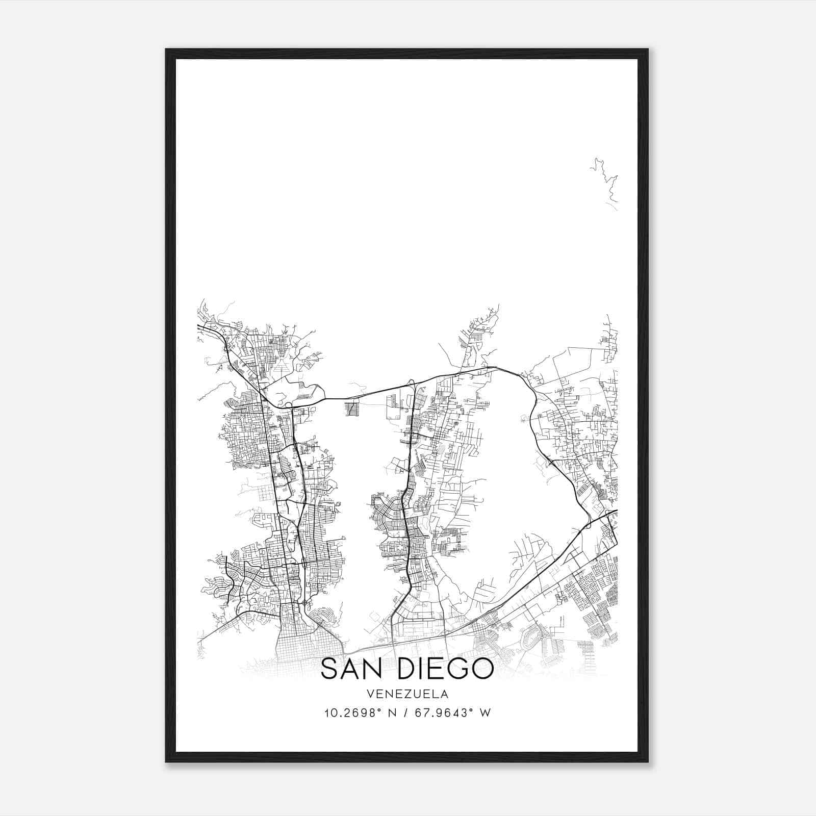 San Diego Venezuela Map Poster, San Diego City Road Wall Art Print