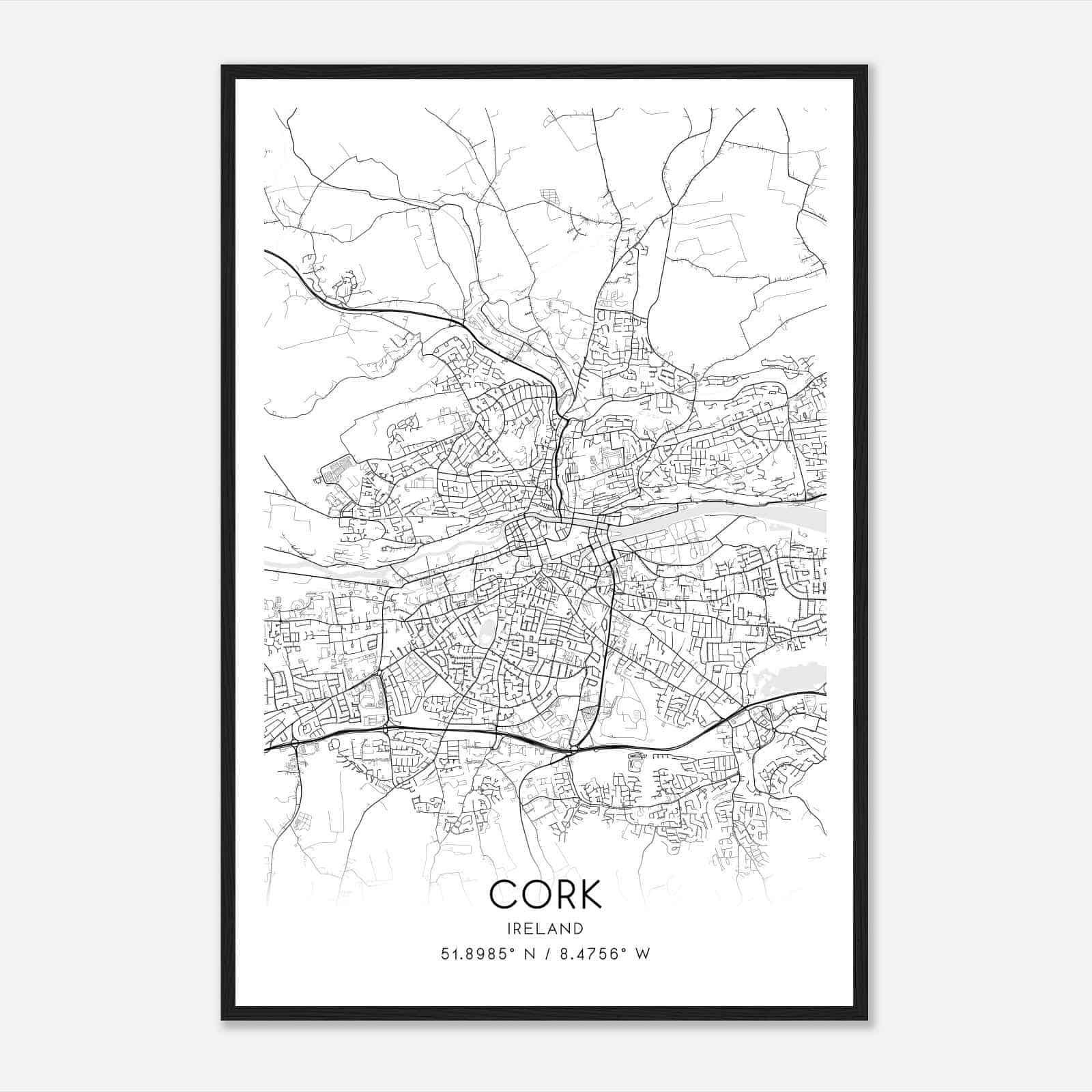Cork Ireland Map Poster, Cork City Road Wall Art Print