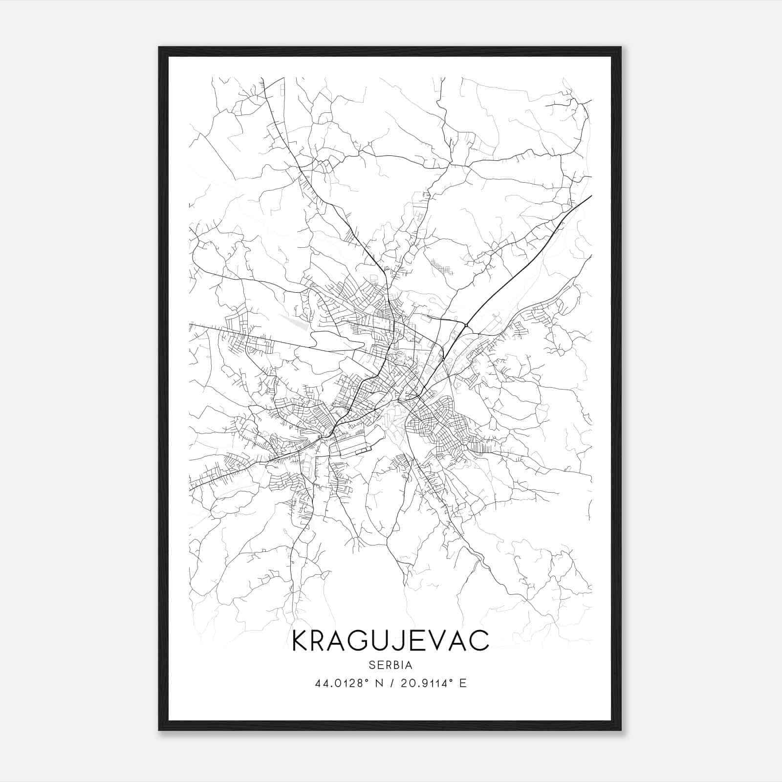 Kragujevac Serbia Map Poster, Kragujevac City Road Wall Art Print