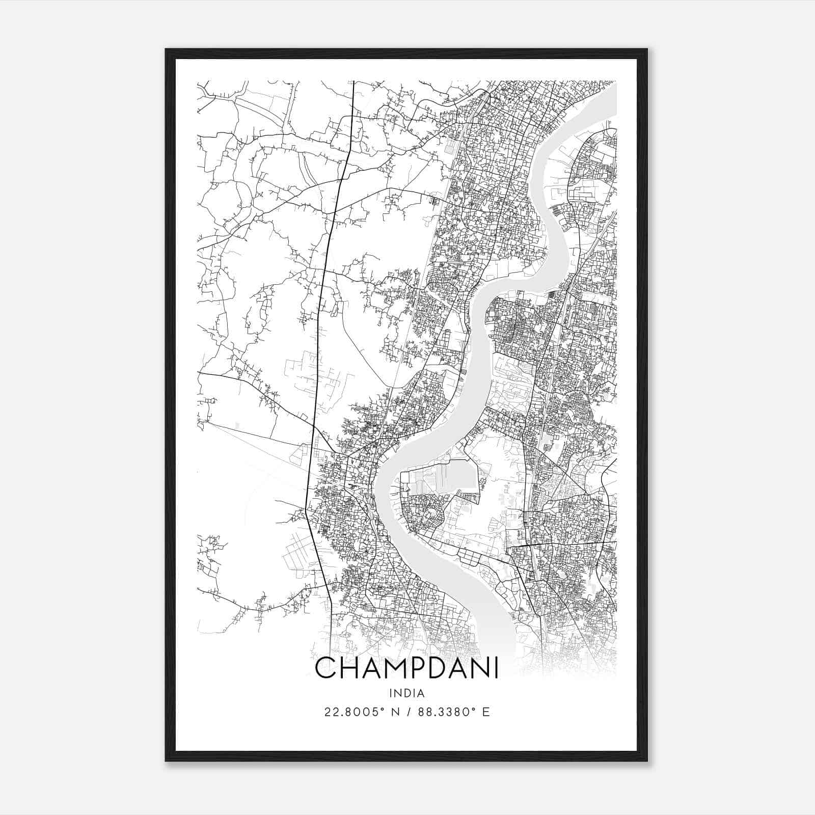 Champdani India Map Poster, Champdani City Road Wall Art Print