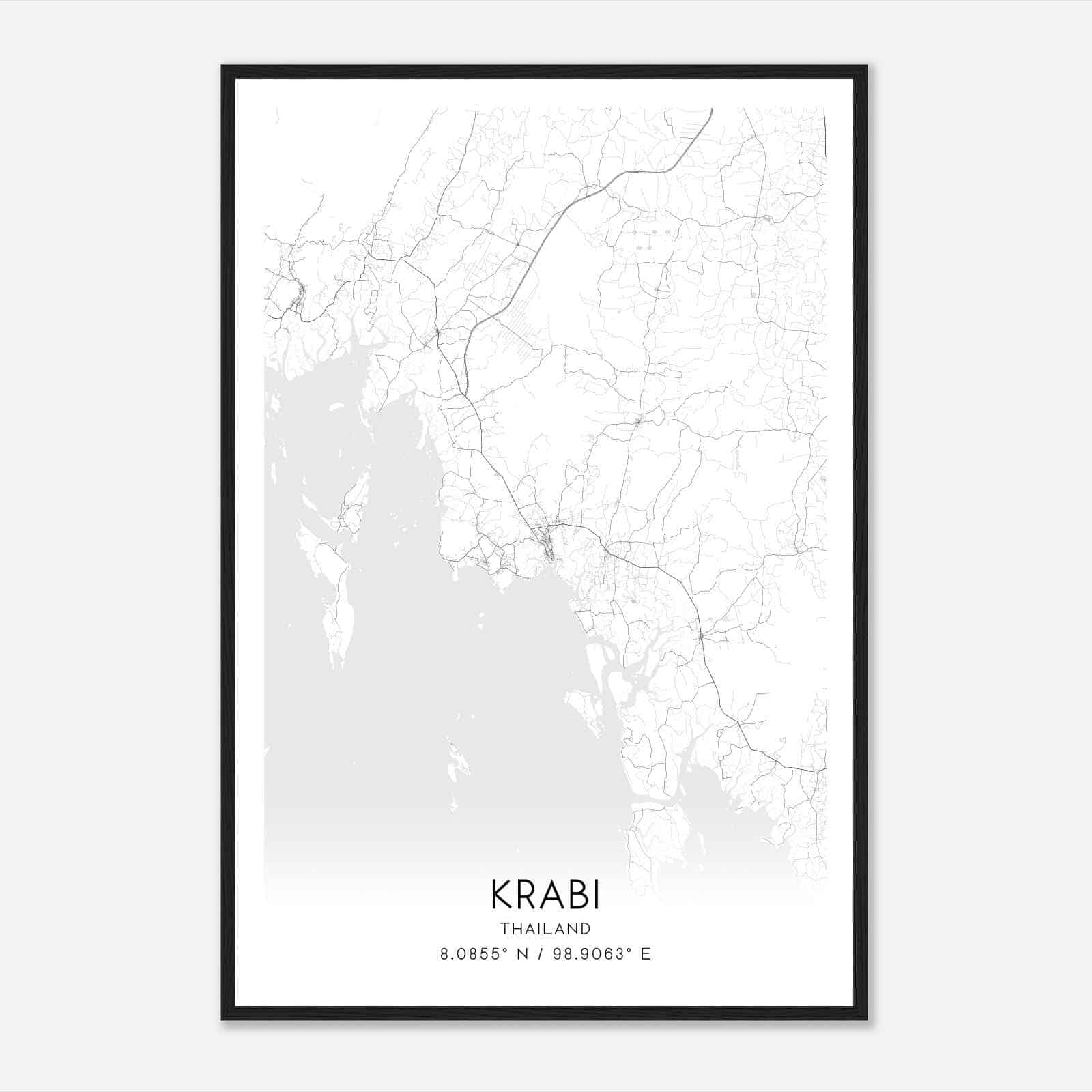 Krabi Thailand Map Poster, Krabi City Road Wall Art Print