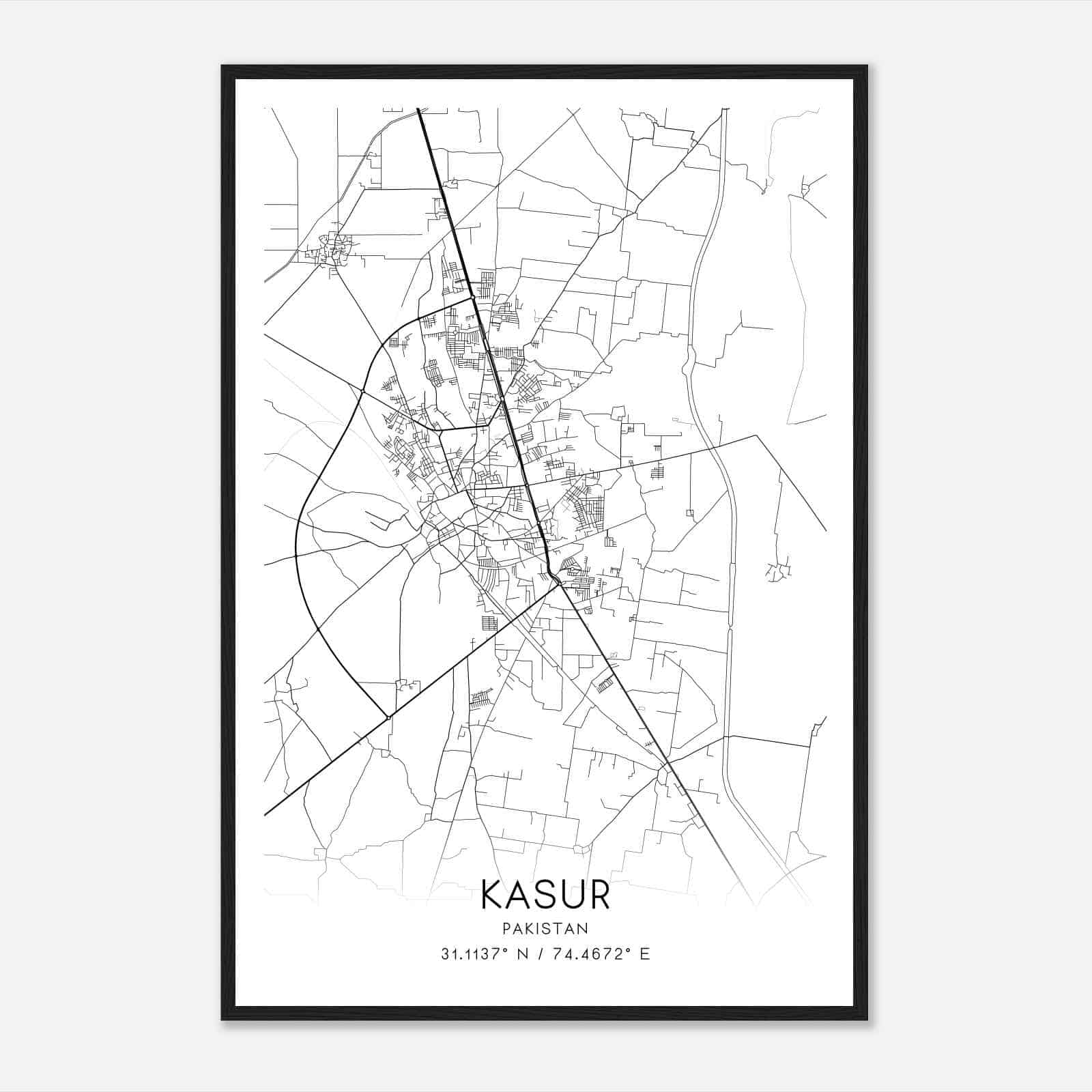 Kasur Pakistan Map Poster, Kasur City Road Wall Art Print