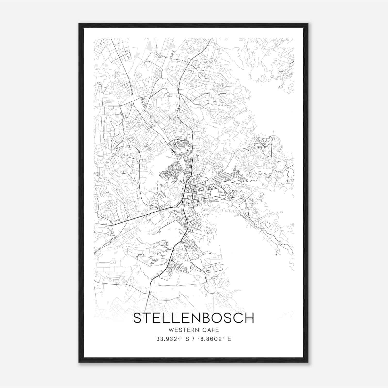 Stellenbosch Western Cape Map Poster, Stellenbosch City Road Wall Art Print